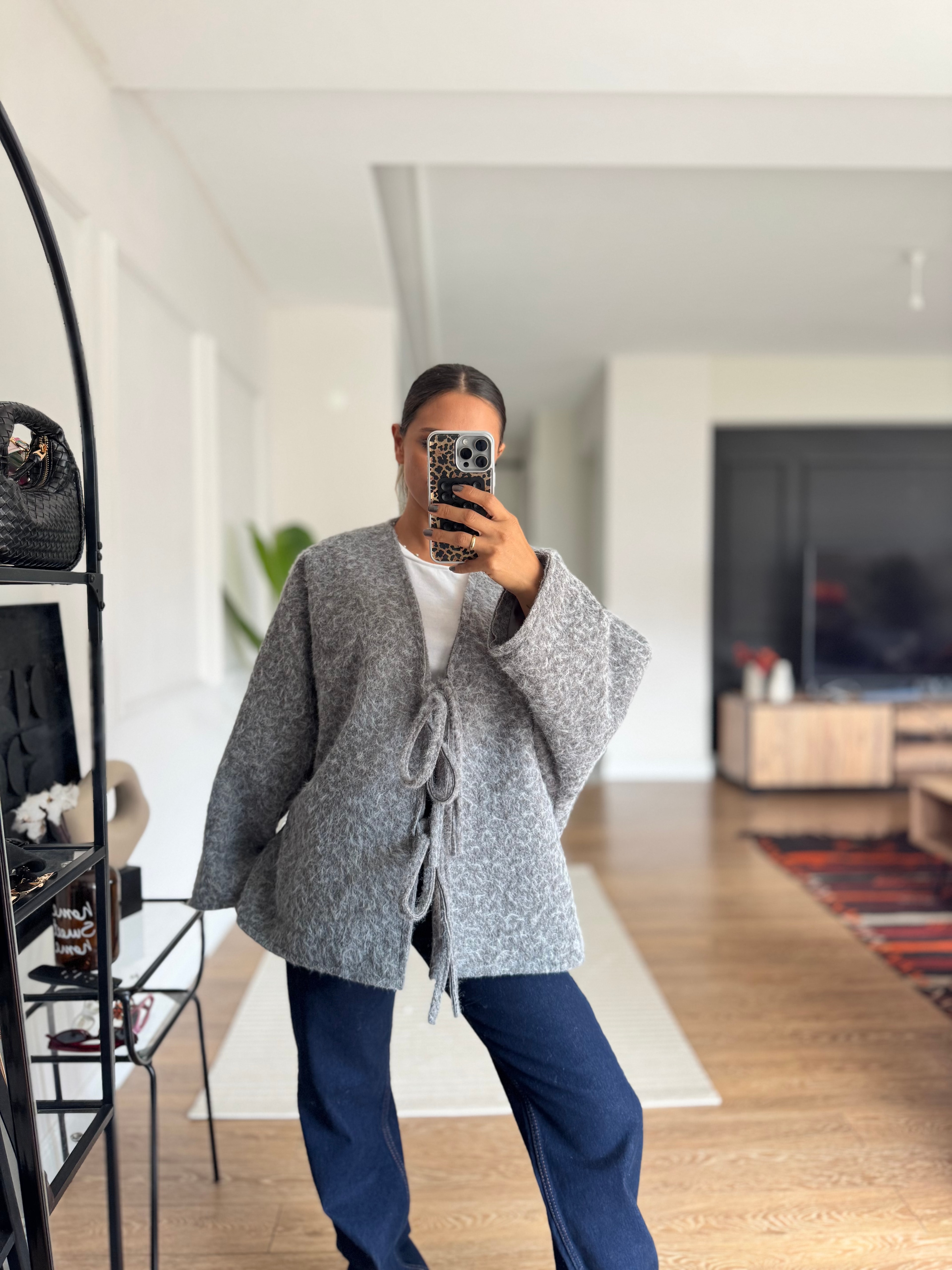 Oversize Bağcık Detaylı Sakallı Ceket - Gri