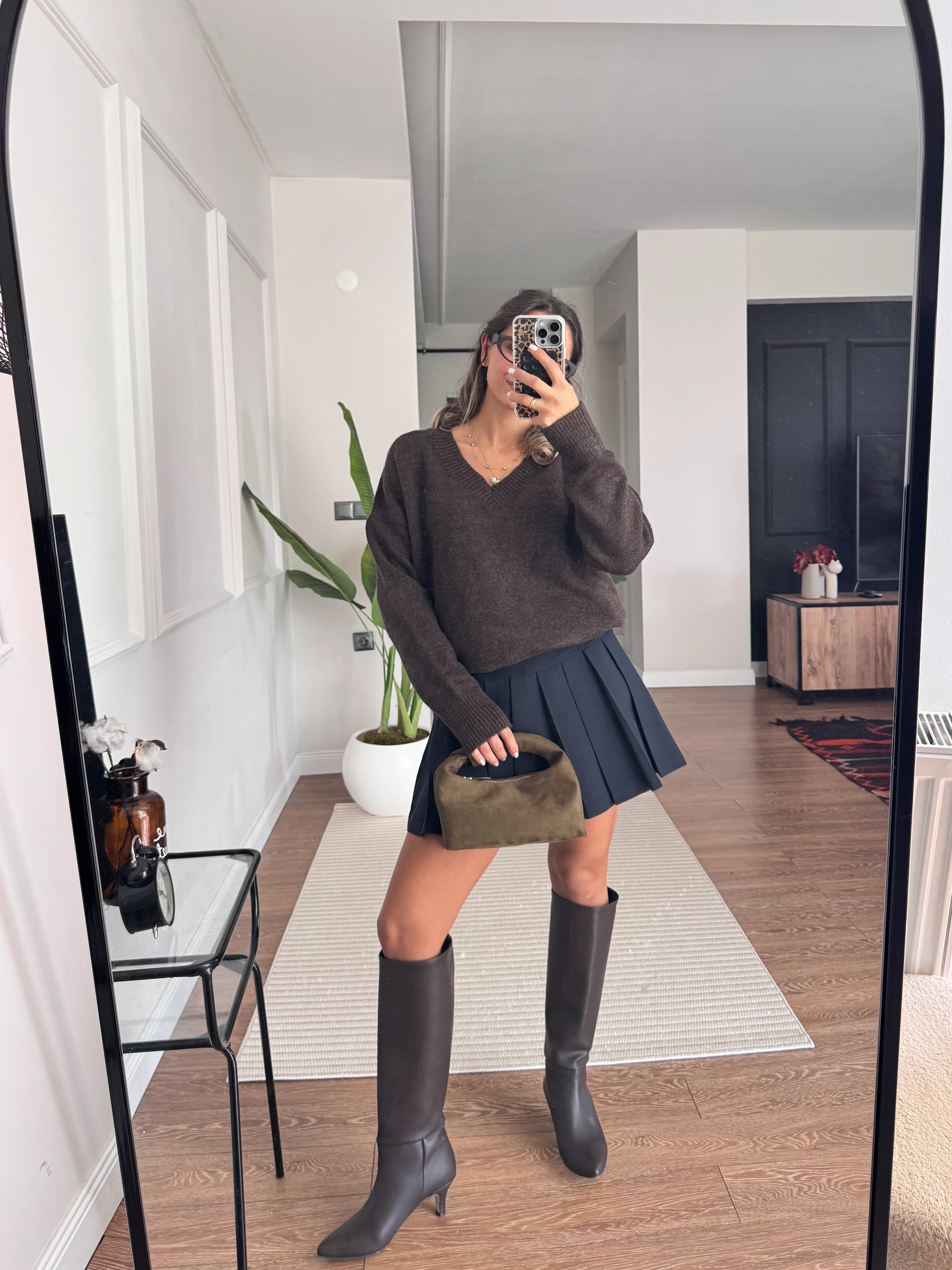 V Yakalı Oversize Kazak - Kahverengi