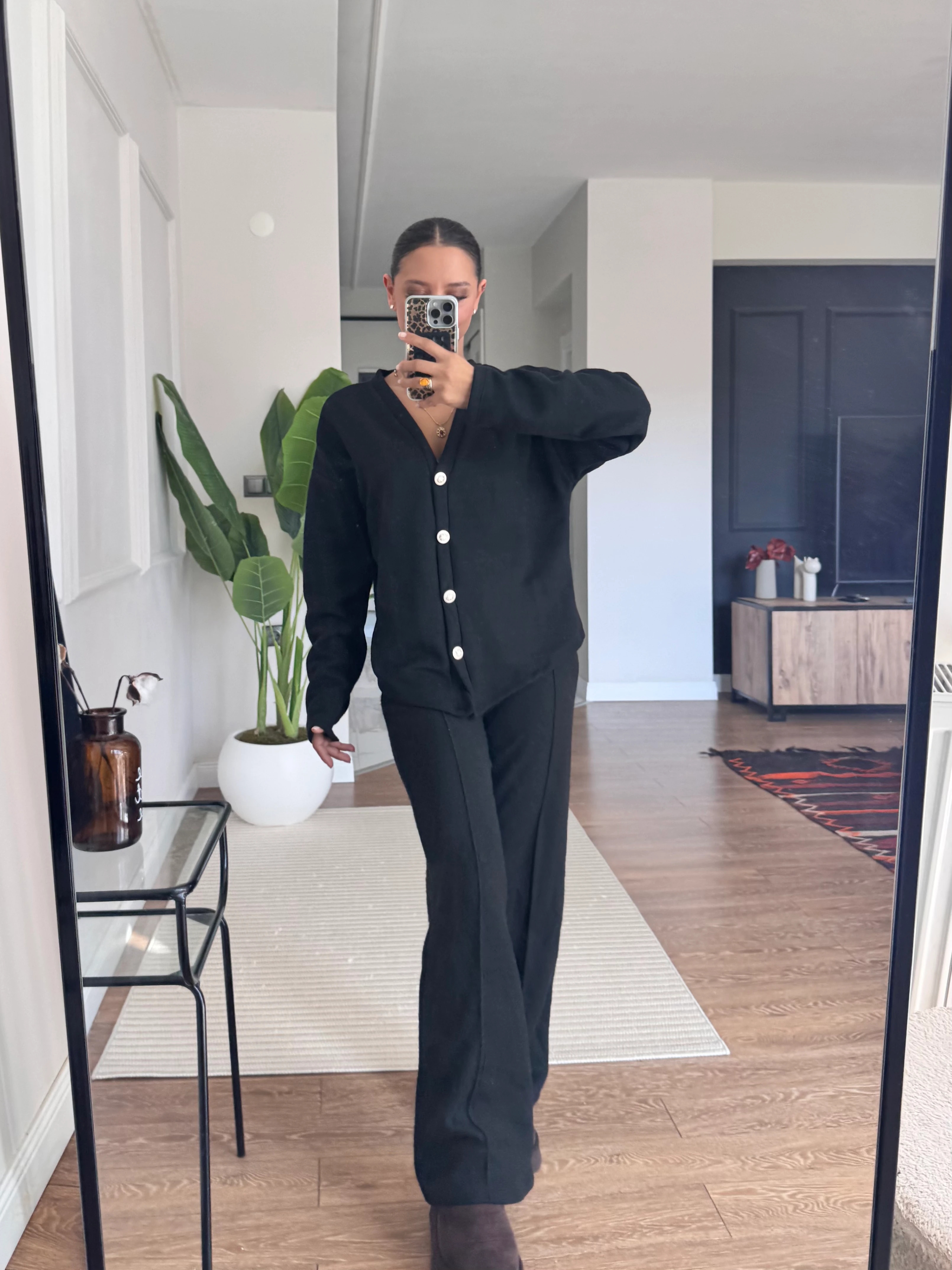 Gold Düğmeli Triko Takım - Siyah