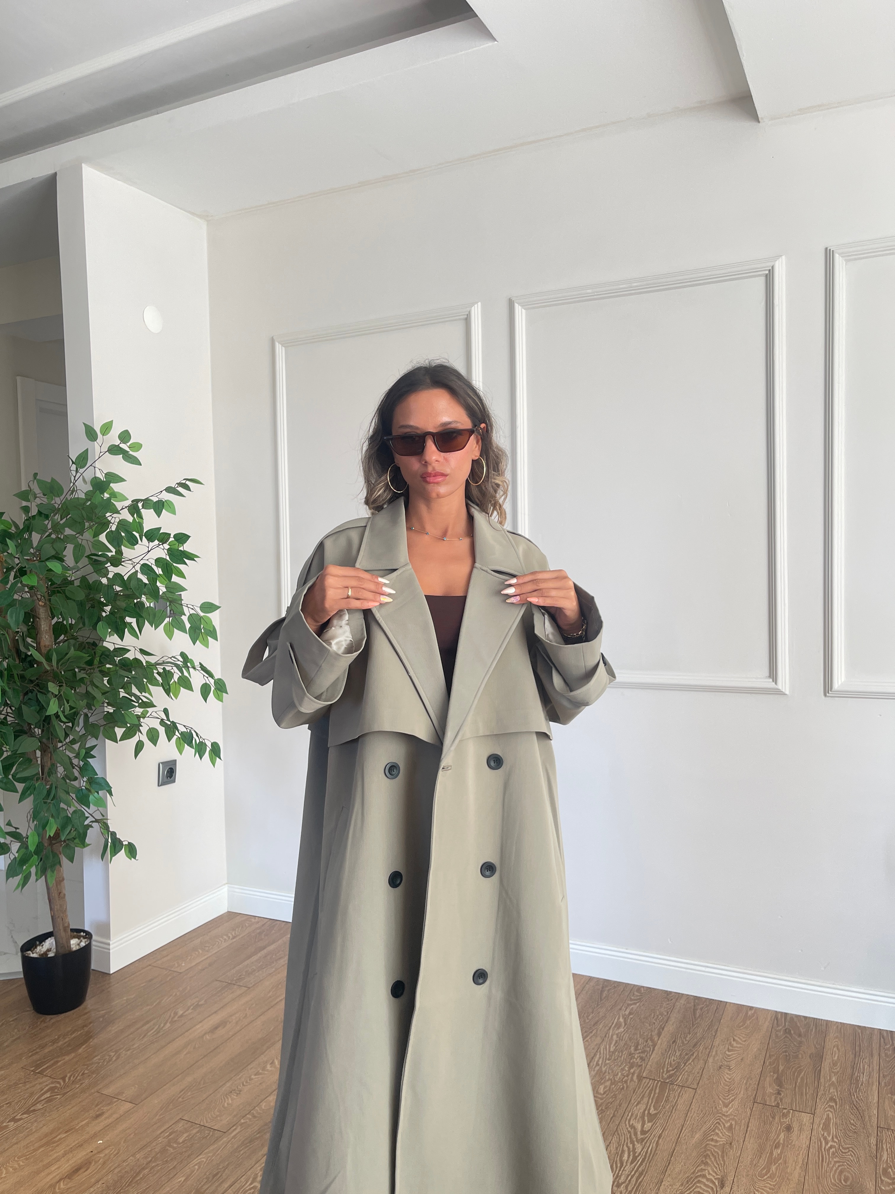 Uzun Oversize Trençkot - Haki