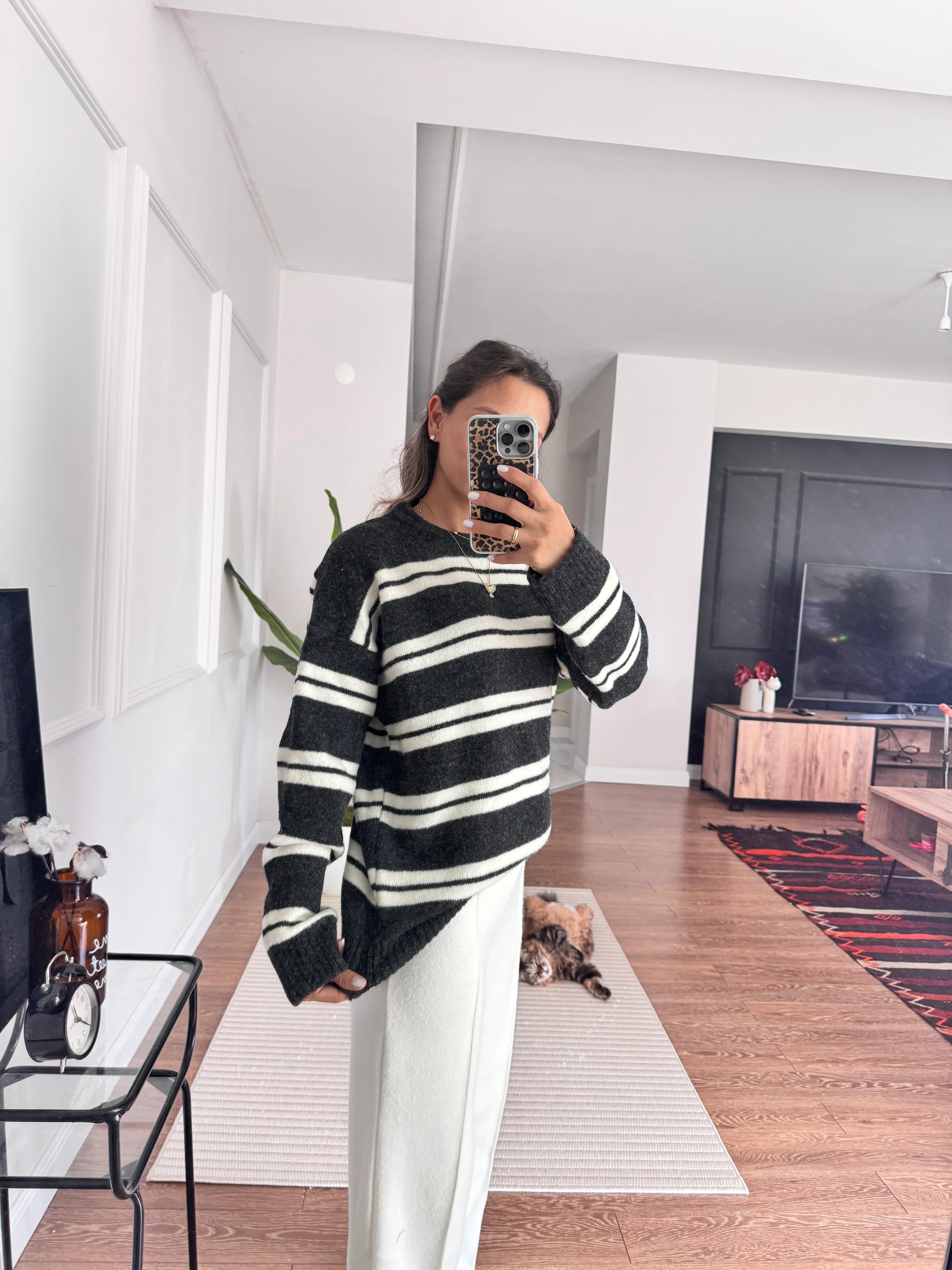 Çizgili Oversize Triko Kazak