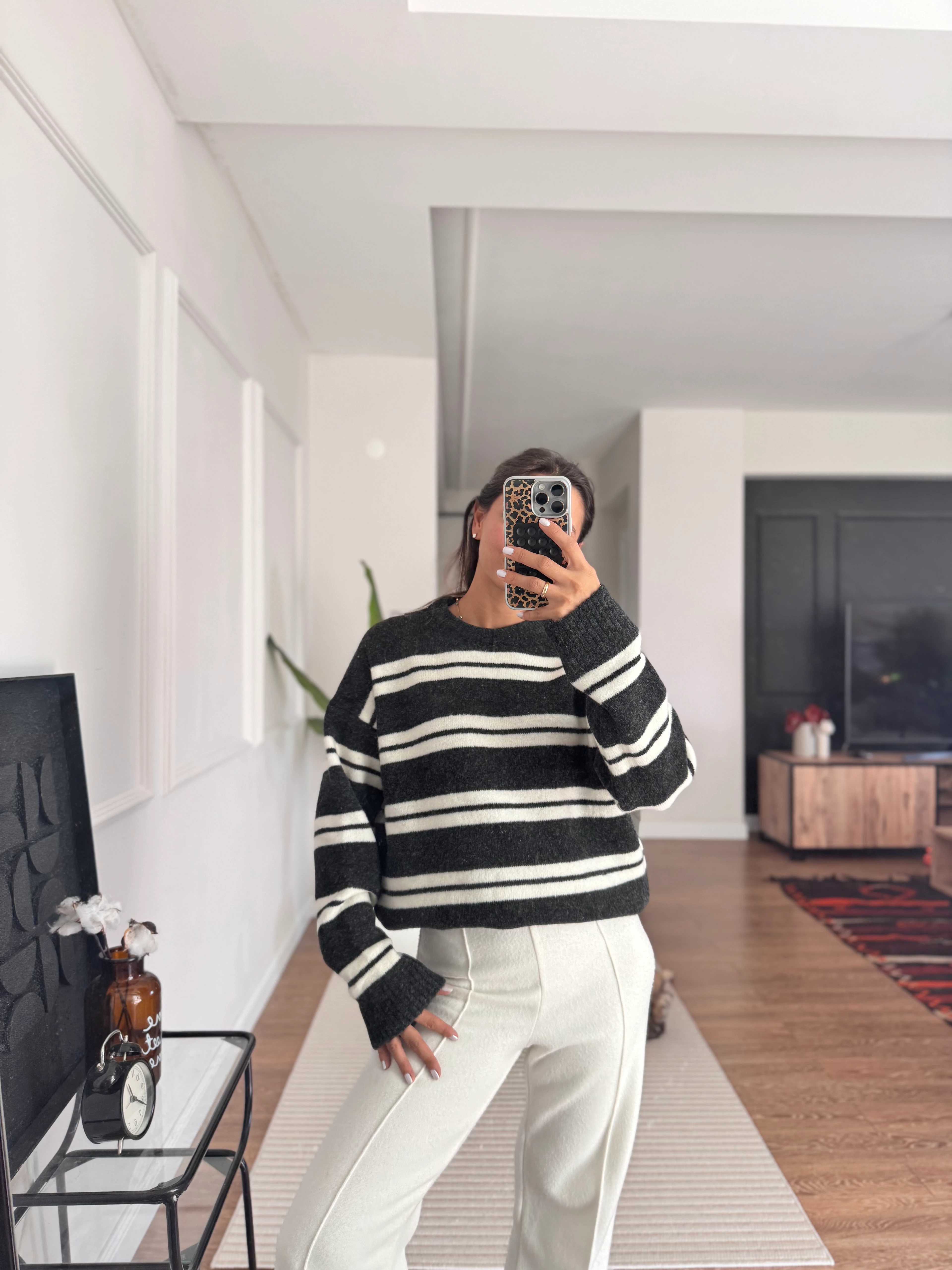 Çizgili Oversize Triko Kazak