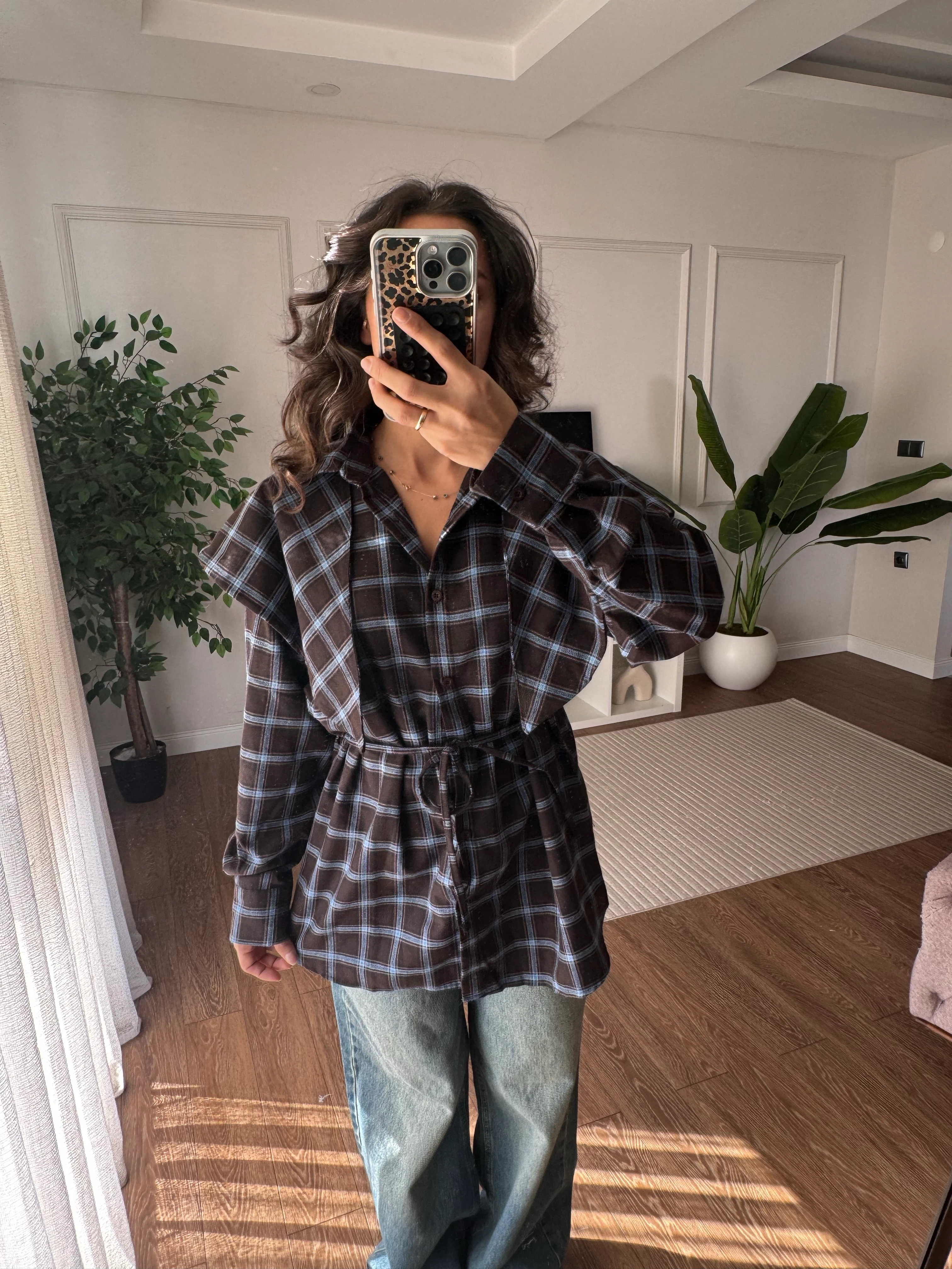 Zra Fularlı Ekose Gömlek Mavi Geçişli