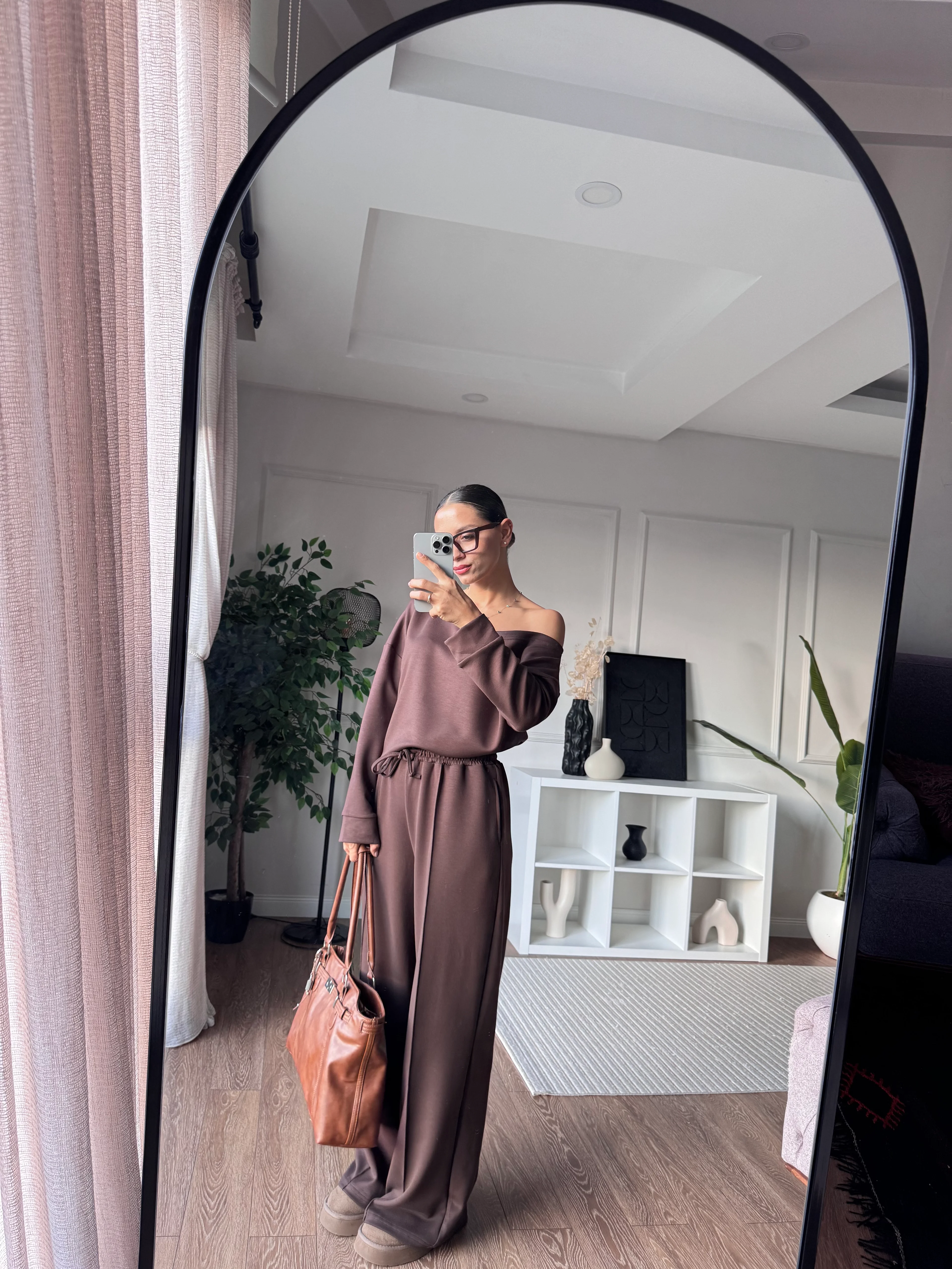 Düşük Omuz Yaka Modal Takım - Kahve