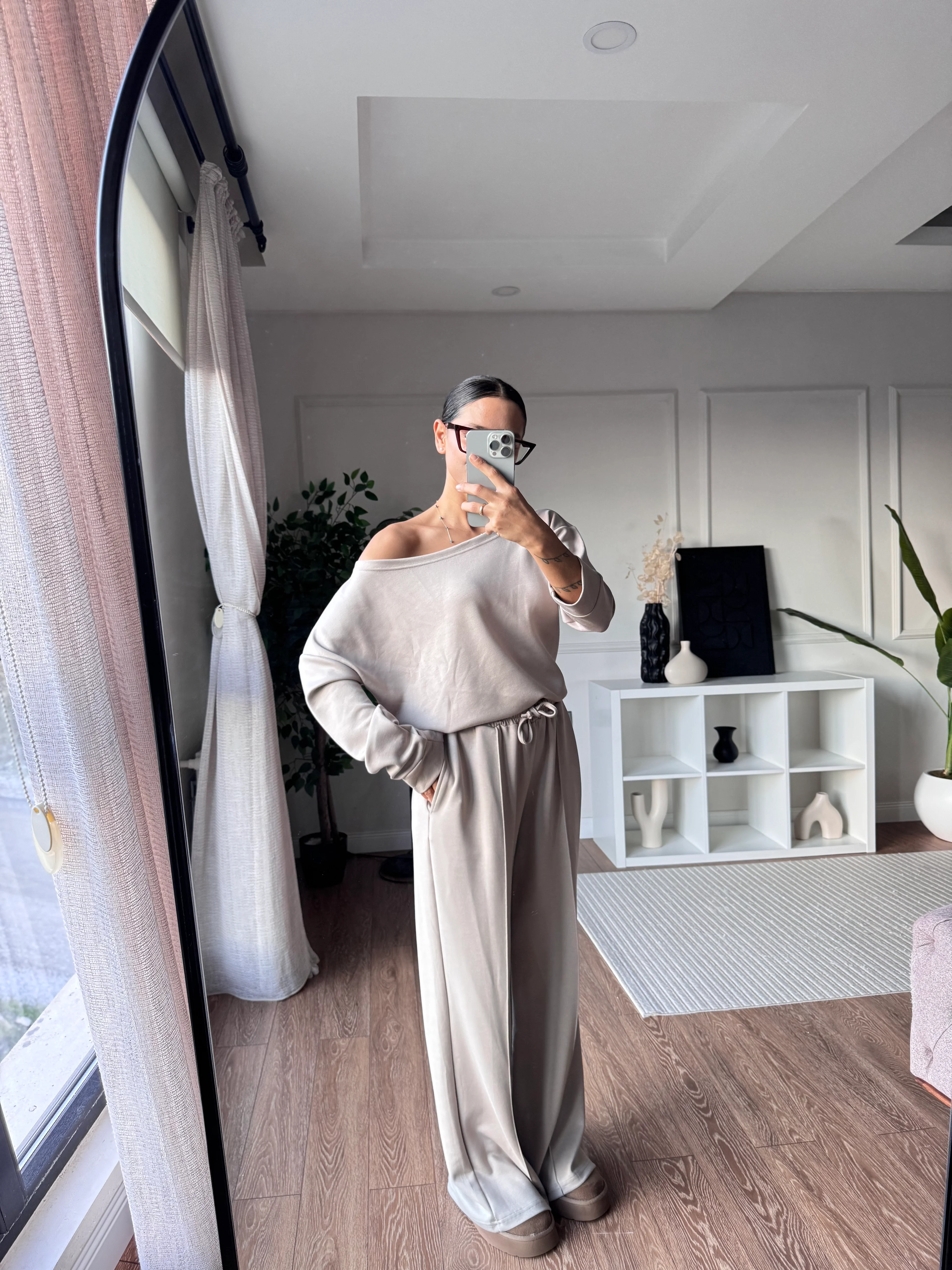 Düşük Omuz Yaka Modal Takım - Taş