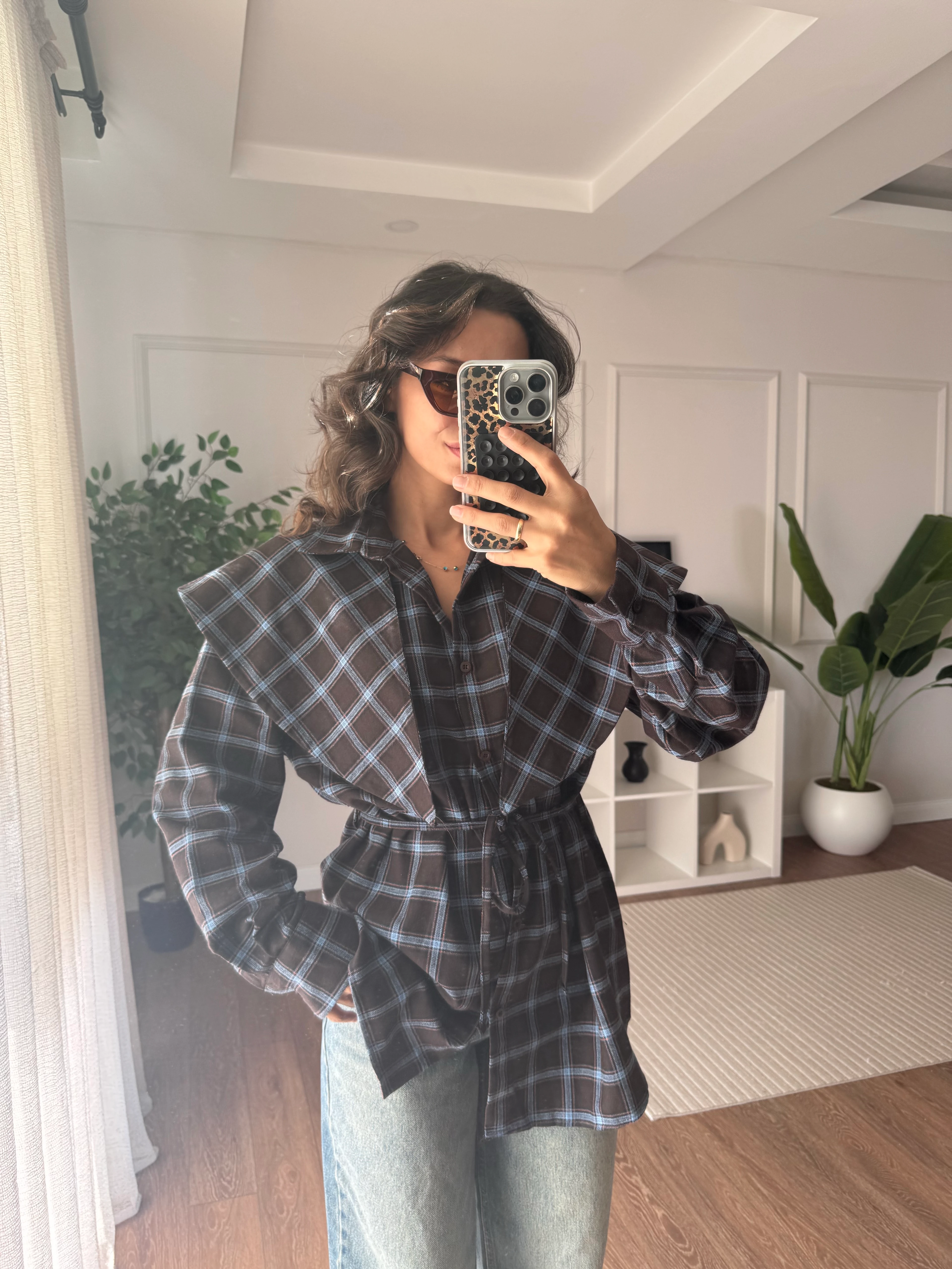 Zra Fularlı Ekose Gömlek Mavi Geçişli