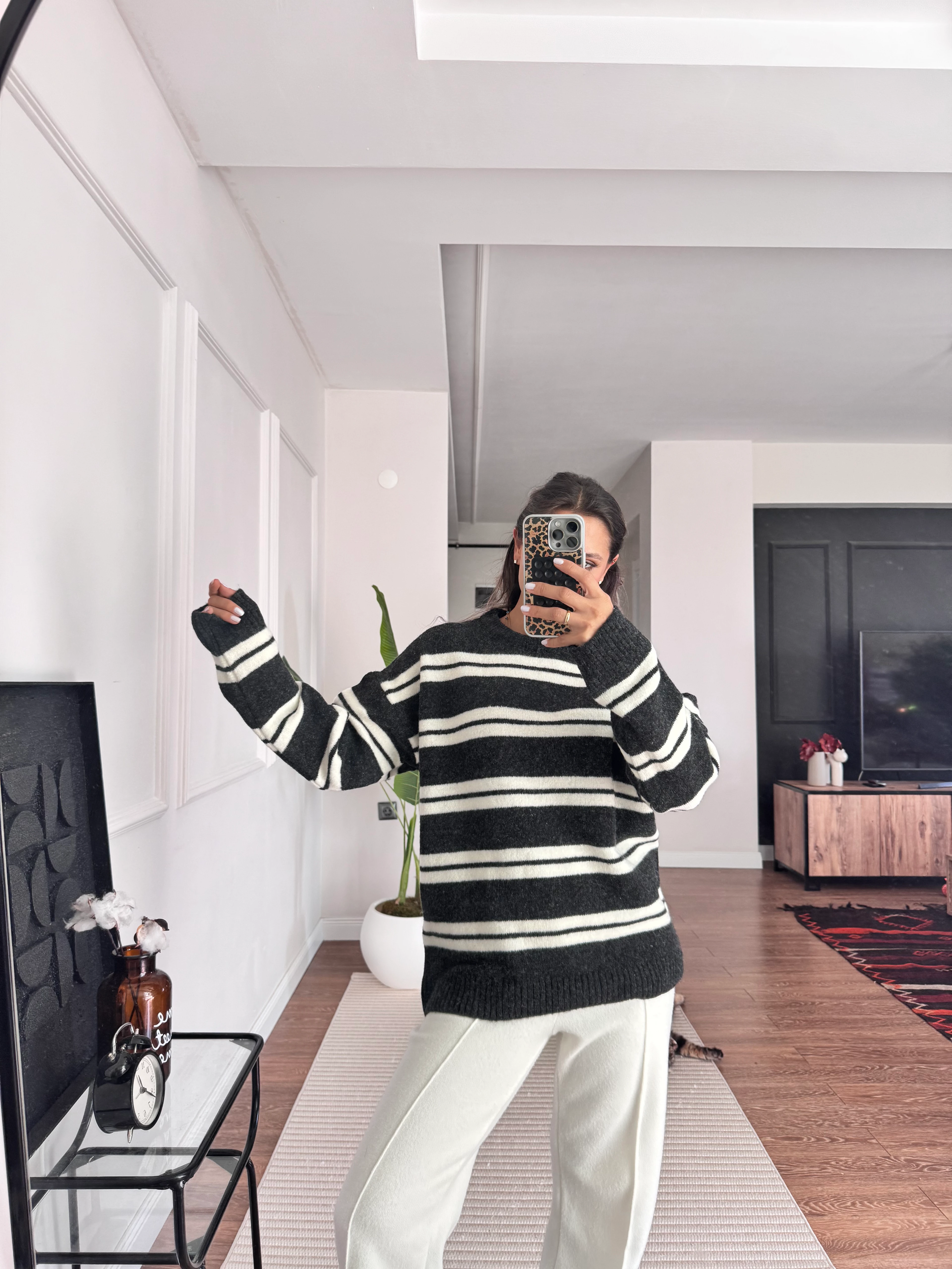 Çizgili Oversize Triko Kazak