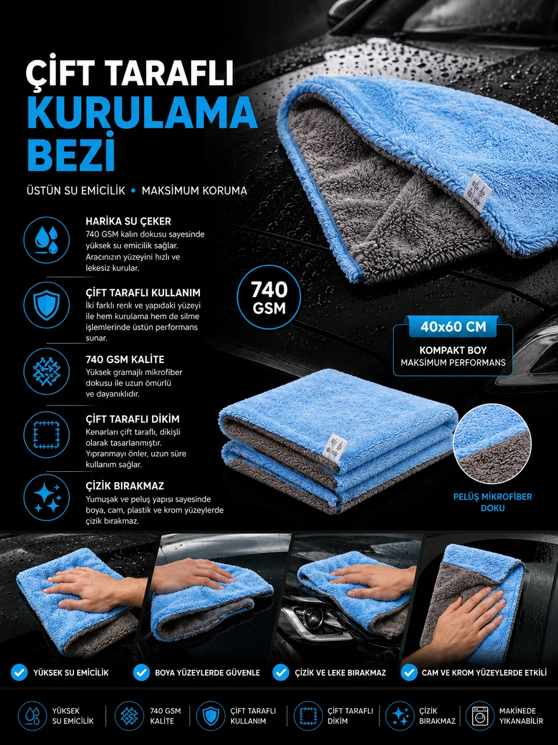 Ultra Kalın 40x60 740 Gsm Mavi-Gri Kurulama Bezi