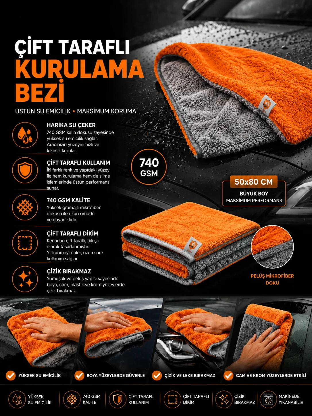 Premium 50x80 740 Gsm Turuncu-Gri Kurulama Bezi