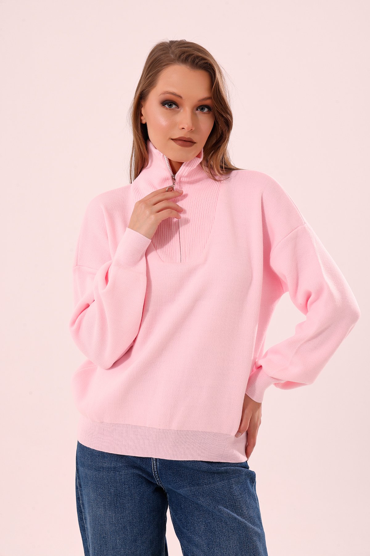 Kadın Oversize Fermuarlı Triko Kazak - Pembe