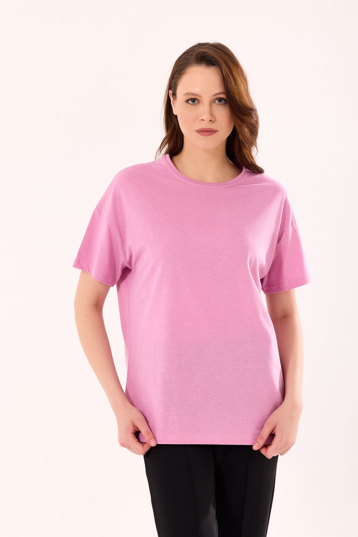 Kadın Basic Oversize Tişört - Pembe