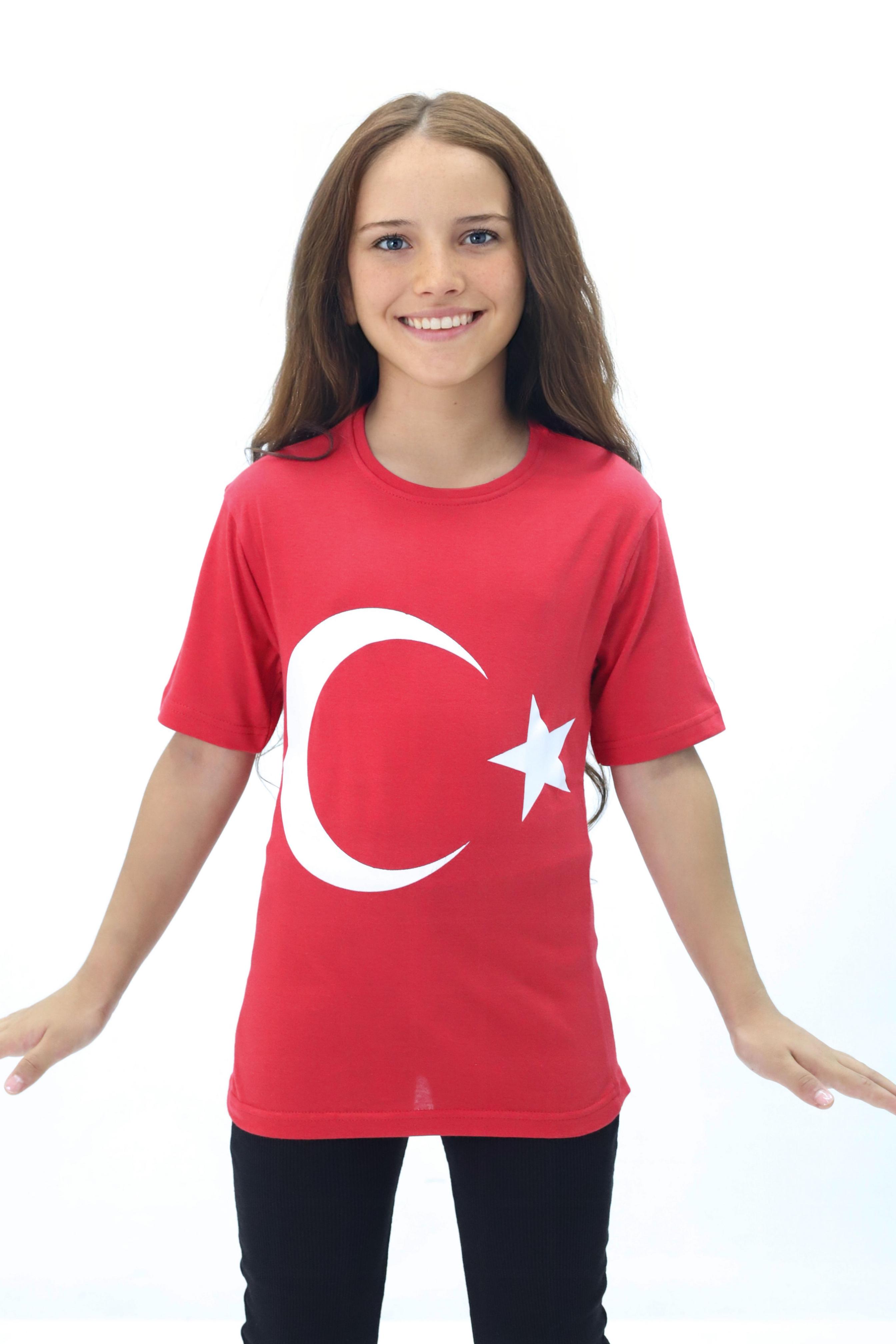 Kız Çocuk Regular Fit Türk Bayrağı Tişört - Kırmızı