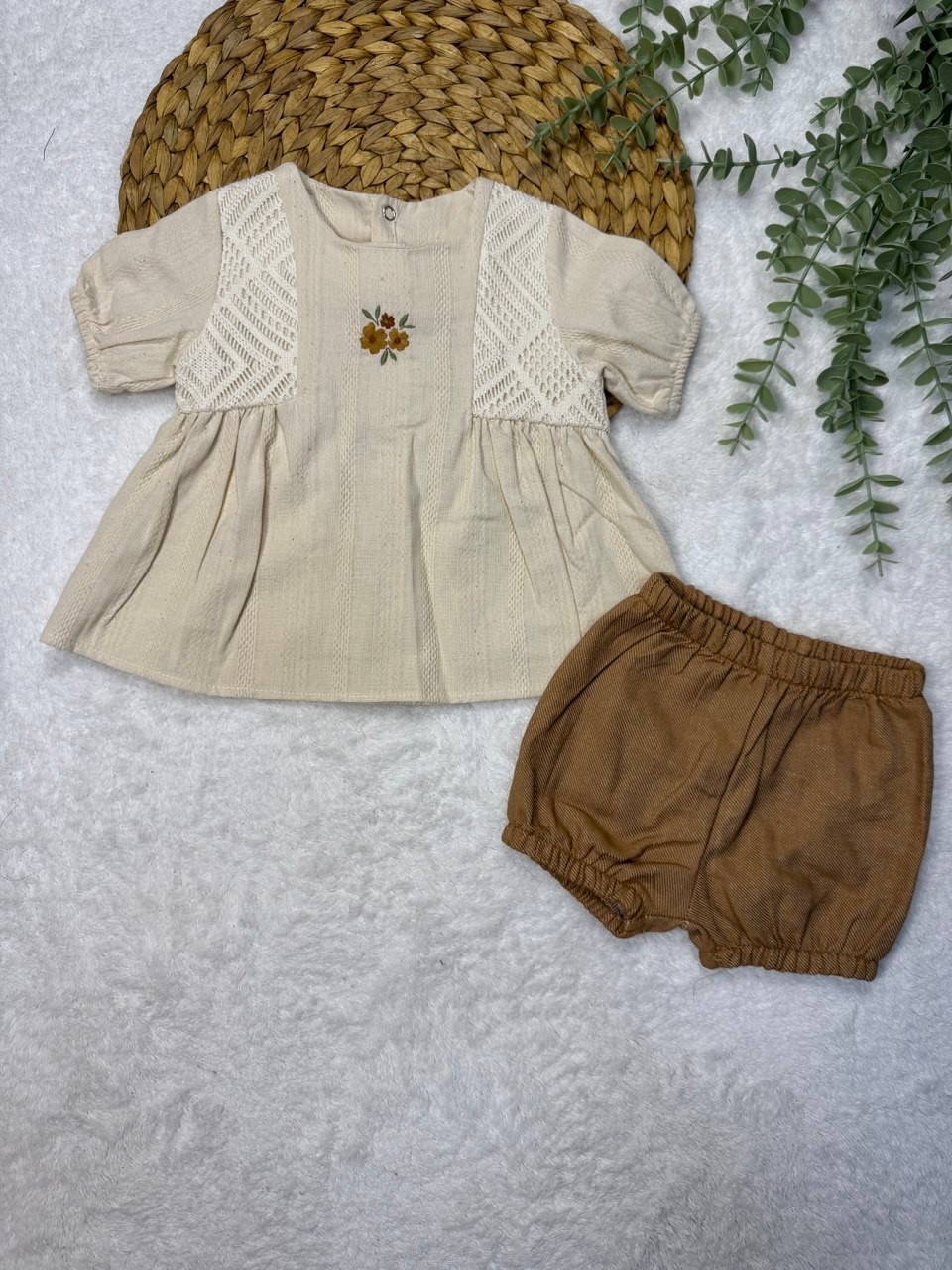 Kız Bebek Nakışlı Alt Üst Takım - krem