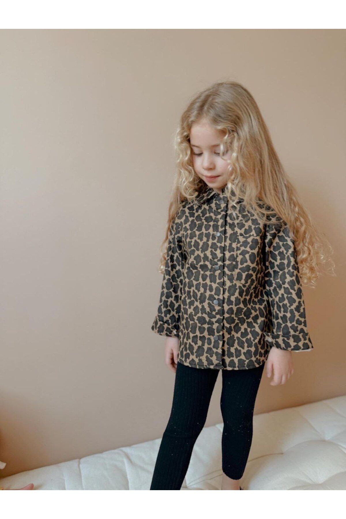 Kız Çocuk Önden Düğmeli Leopar Desenli Denim Gömlek/Ceket