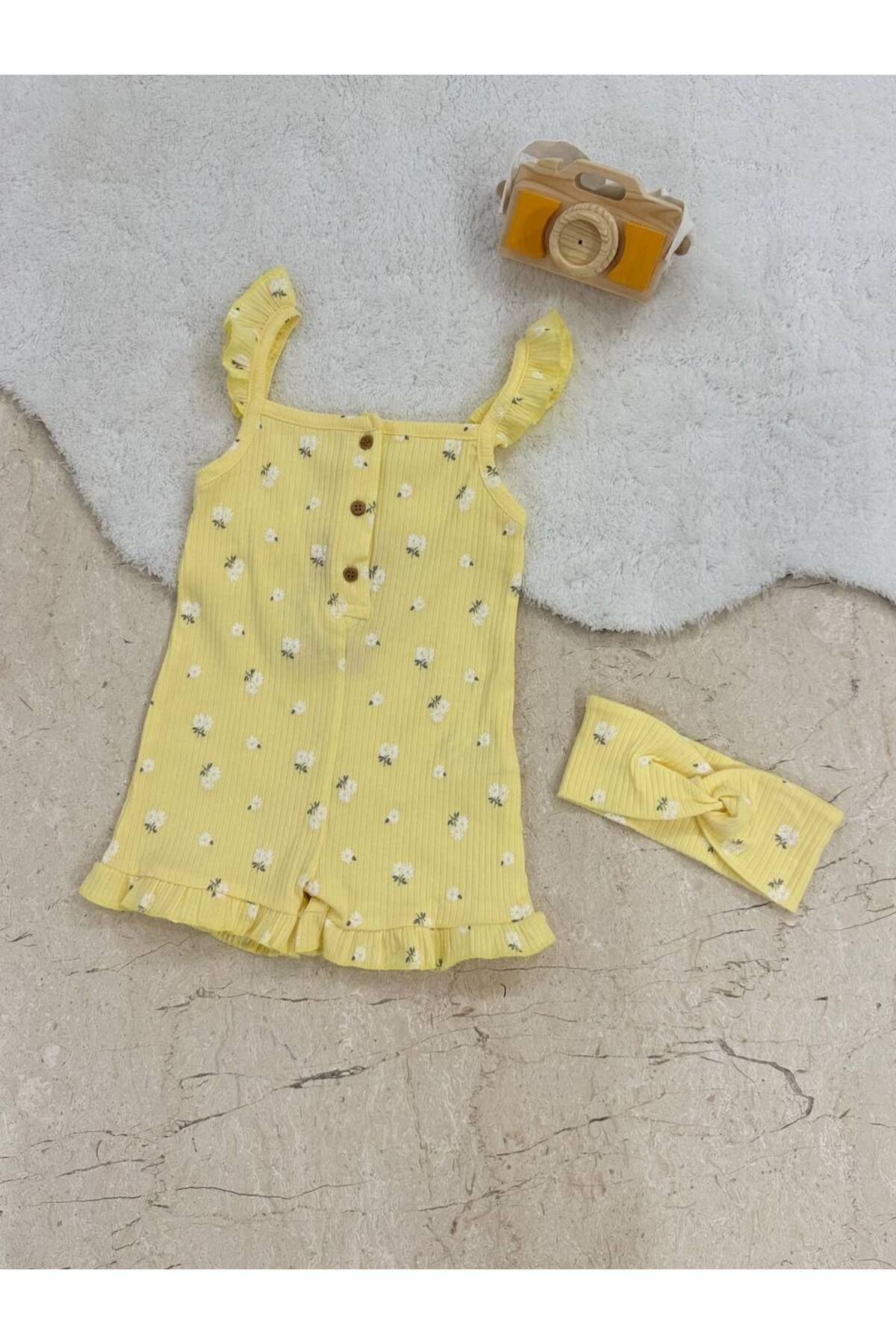 Kız Bebek Askılı, Bandanalı,Önü Düğmeli Tulum
