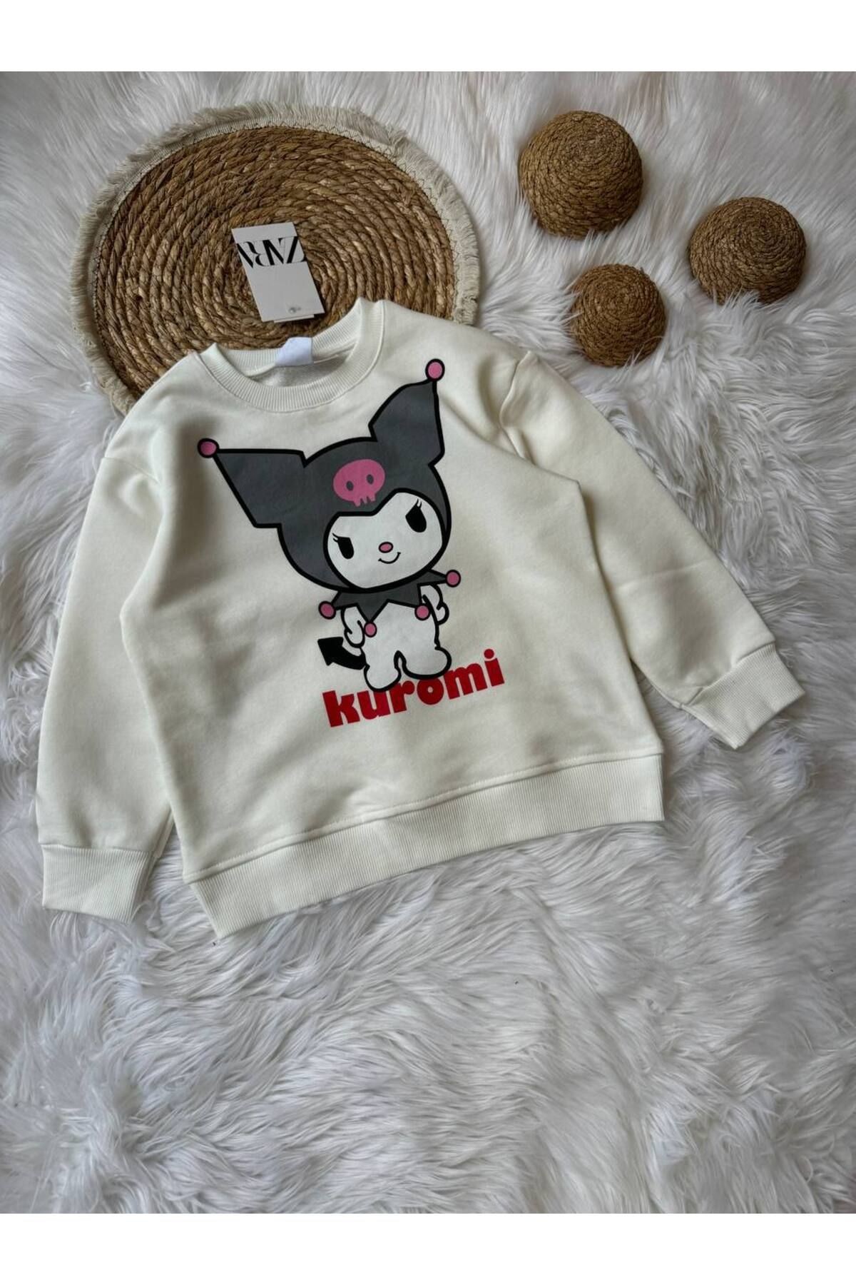 Kuromi Karakterli Kız Çocuk 3 İplik Kapüşonlu Sweatshirt