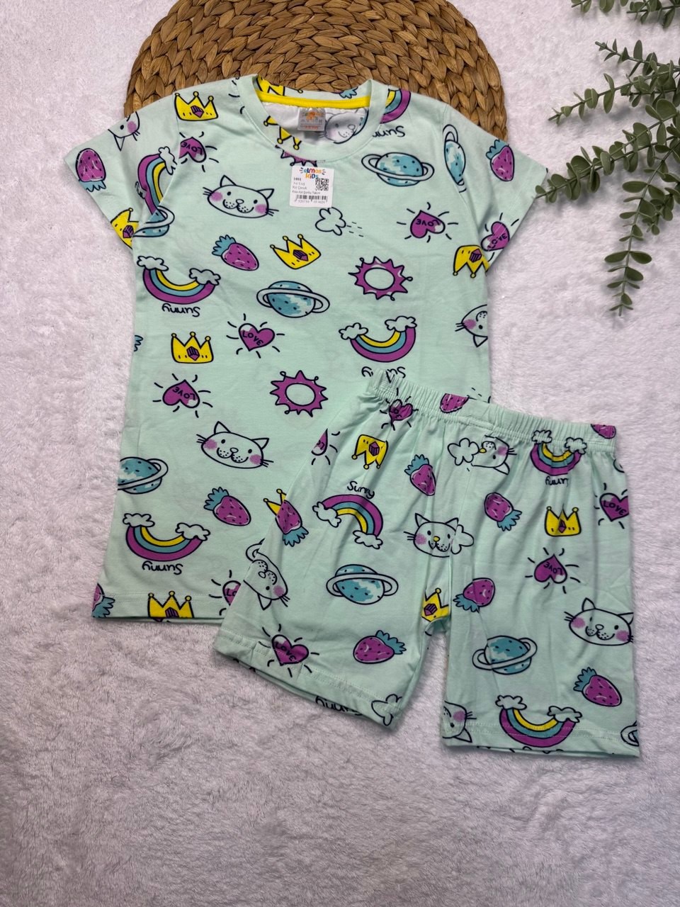 Kız Çocuk %100 Pamuk Şortlu Pijama Takımı - su yeşili