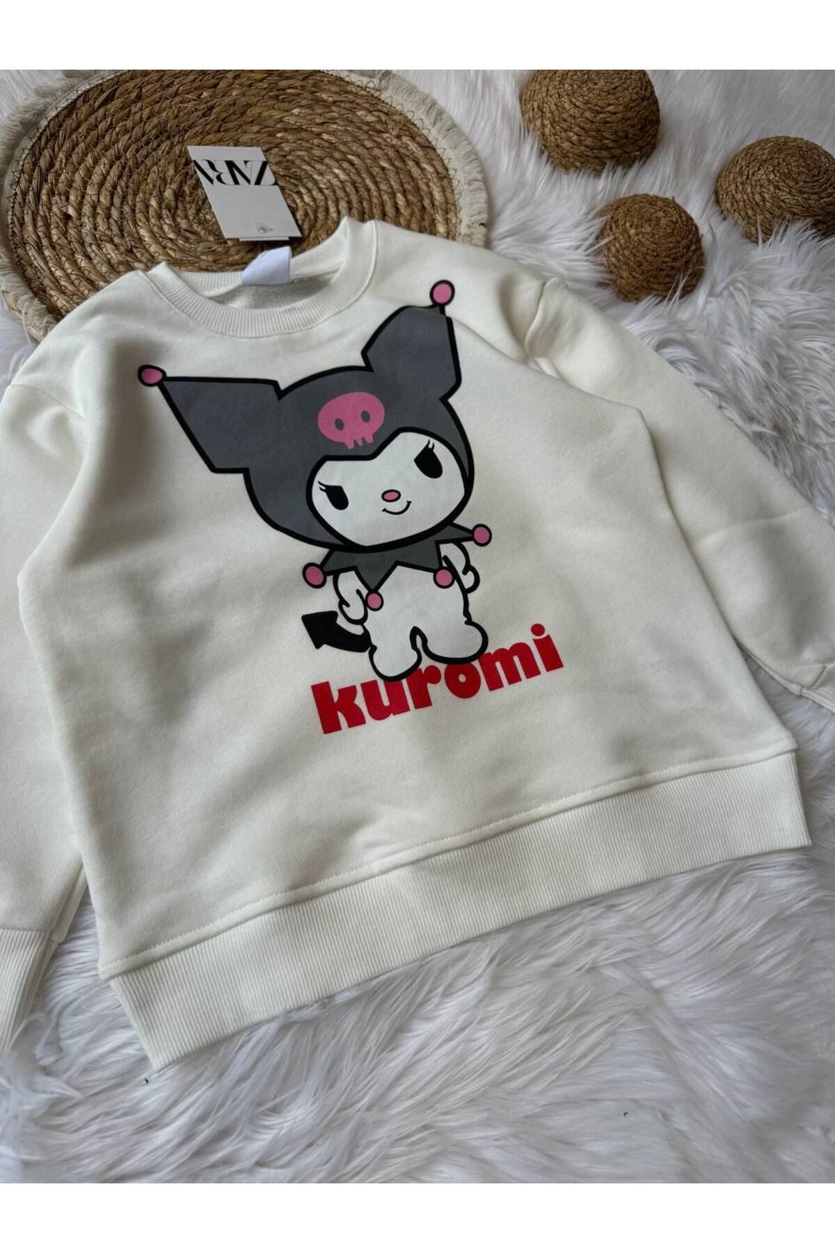 Kuromi Karakterli Kız Çocuk 3 İplik Kapüşonlu Sweatshirt