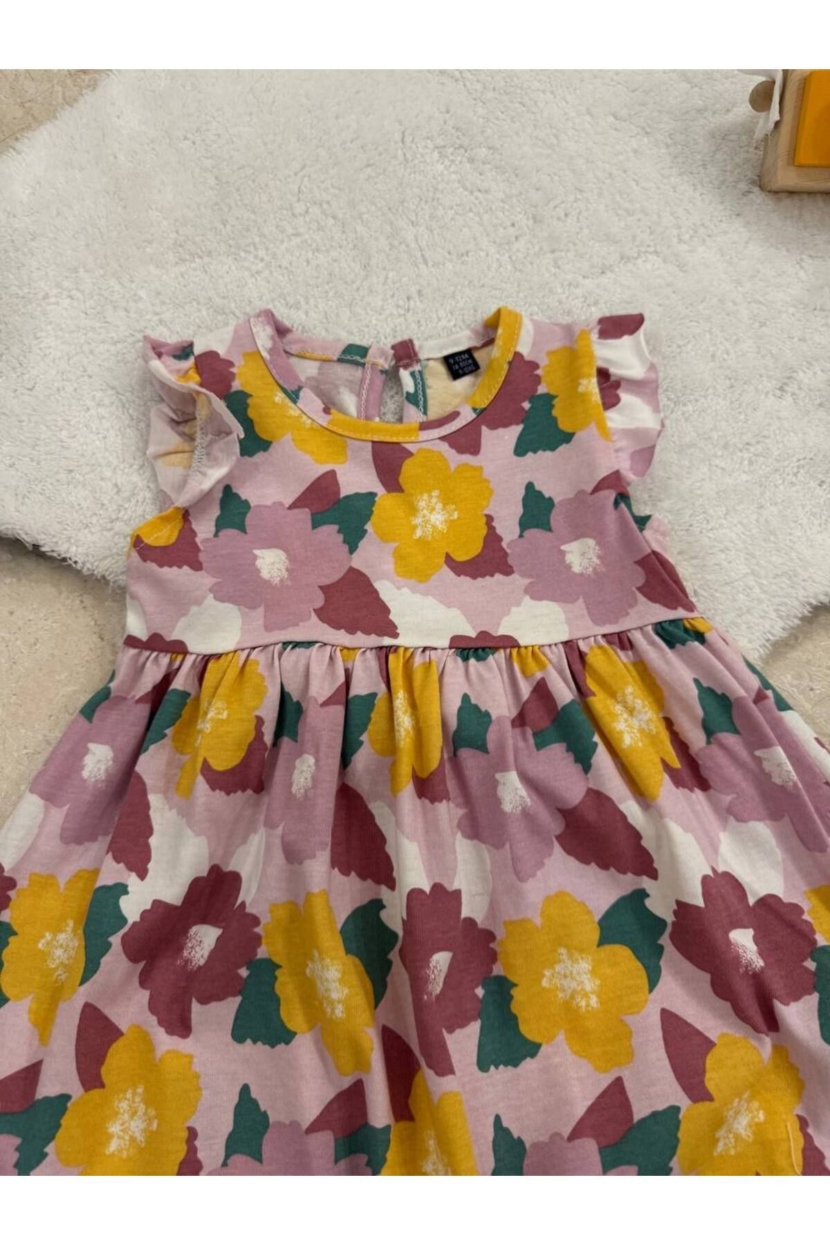 Kız Bebek Askılı Çiçekli 2li Elbise