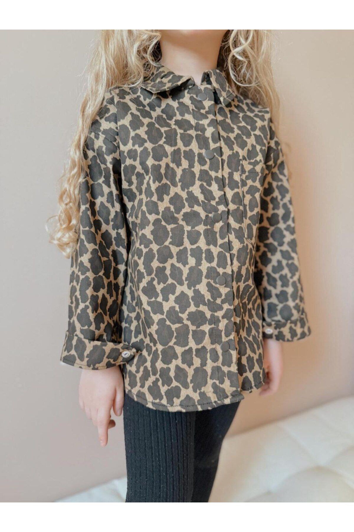 Kız Çocuk Önden Düğmeli Leopar Desenli Denim Gömlek/Ceket