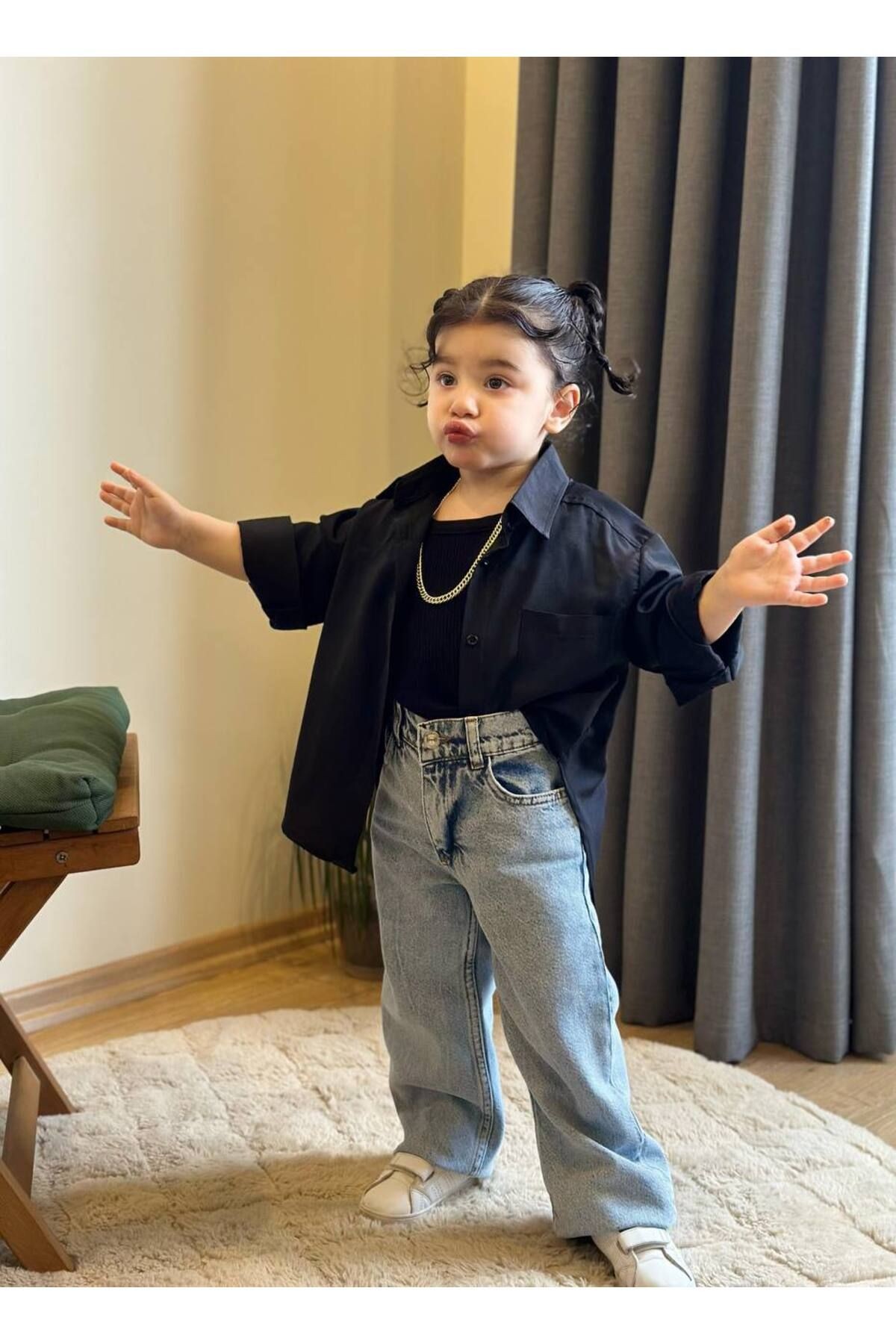 Kız Çocuk Kot Pantalon, Body Ve Gömlek Kombin 3lü Takım