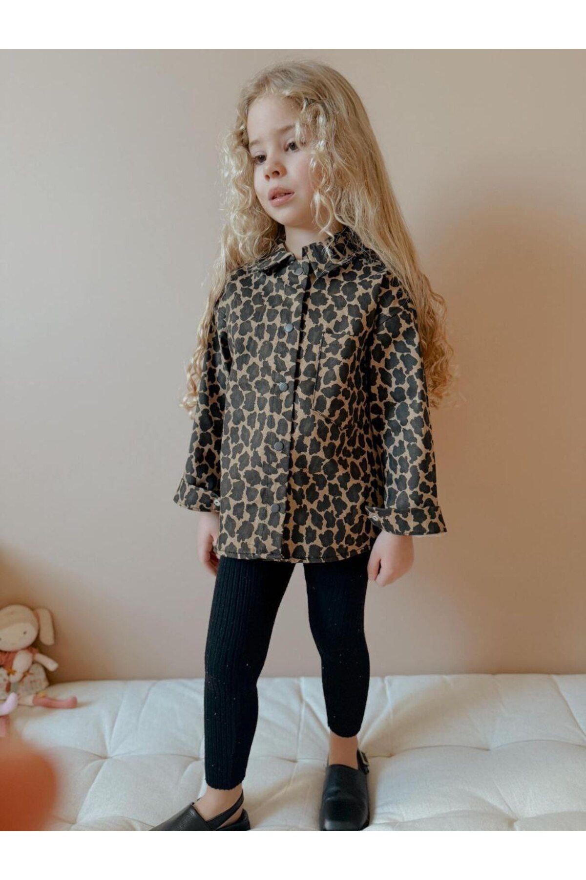 Kız Çocuk Önden Düğmeli Leopar Desenli Denim Gömlek/Ceket
