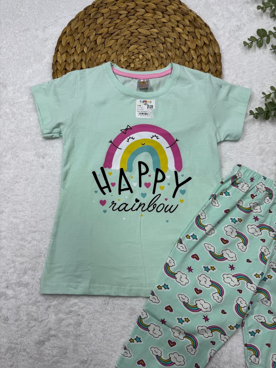 Kız Çocuk Su Yeşili %100 Pamuk Pijama Takımı