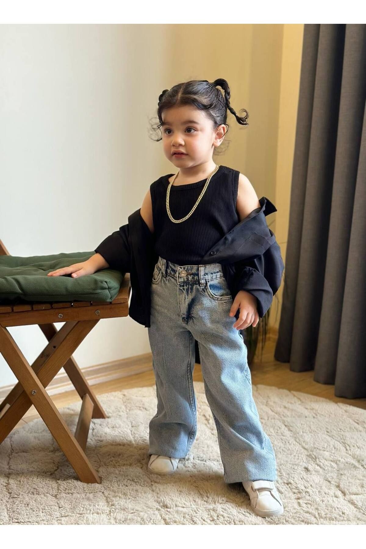 Kız Çocuk Kot Pantalon, Body Ve Gömlek Kombin 3lü Takım