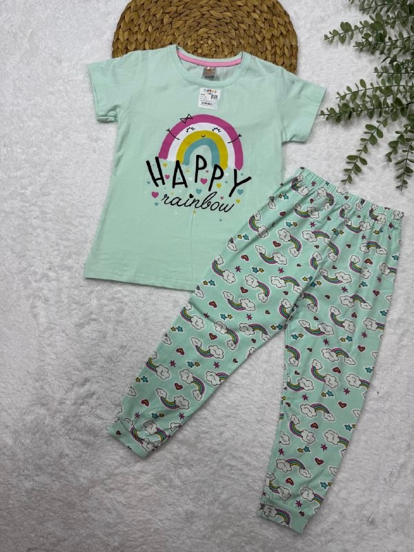 Kız Çocuk Su Yeşili %100 Pamuk Pijama Takımı