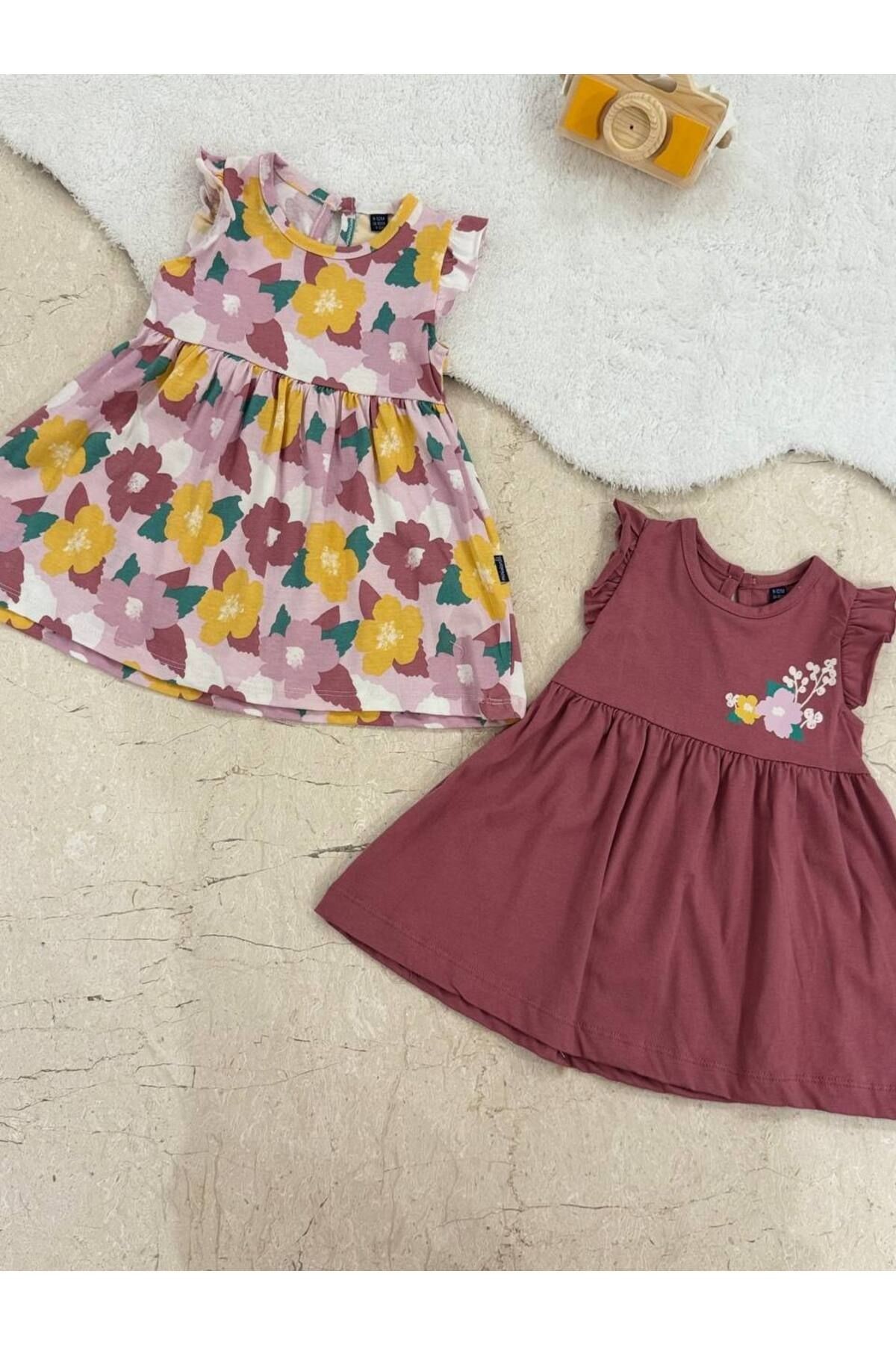 Kız Bebek Askılı Çiçekli 2li Elbise