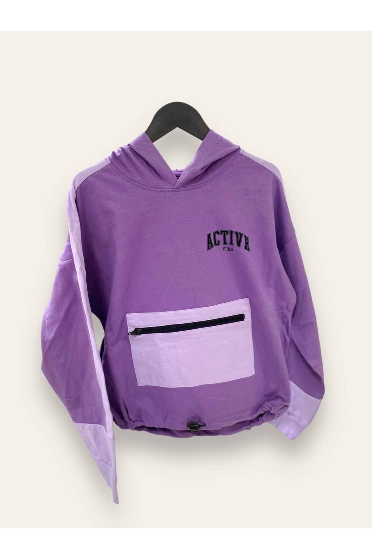 Önü Fermuar Detaylı Kapşonlu Kız Çocuk Sweatshirt - mor