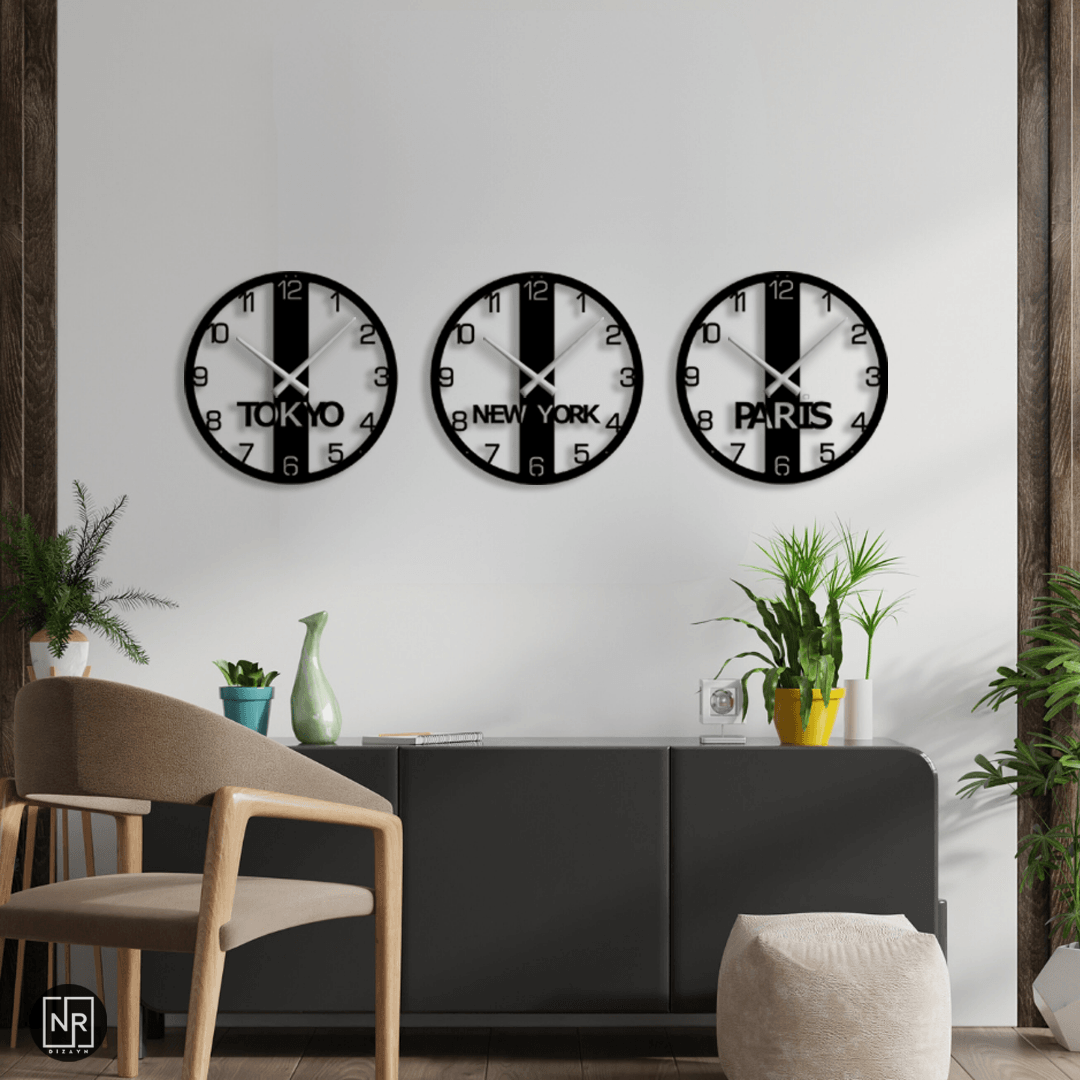 New York, Paris, Tokyo 3-Piece Decorative Metal Wall Clock