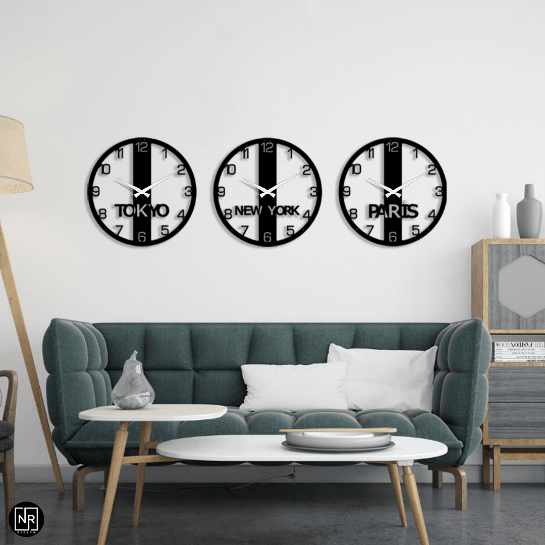 New York, Paris, Tokyo 3-Piece Decorative Metal Wall Clock