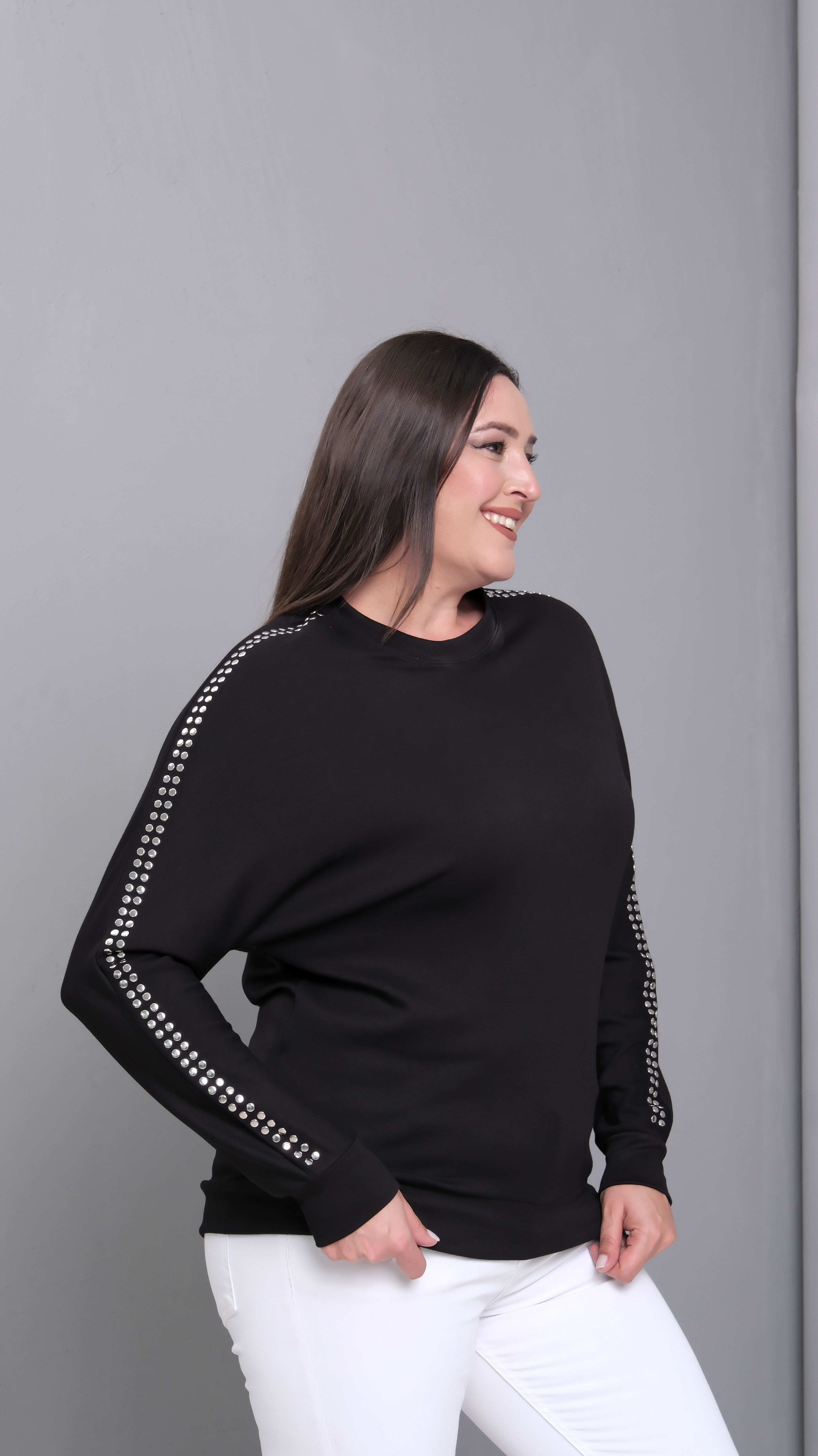 Taşlı Şerit Kol Sweatshirt