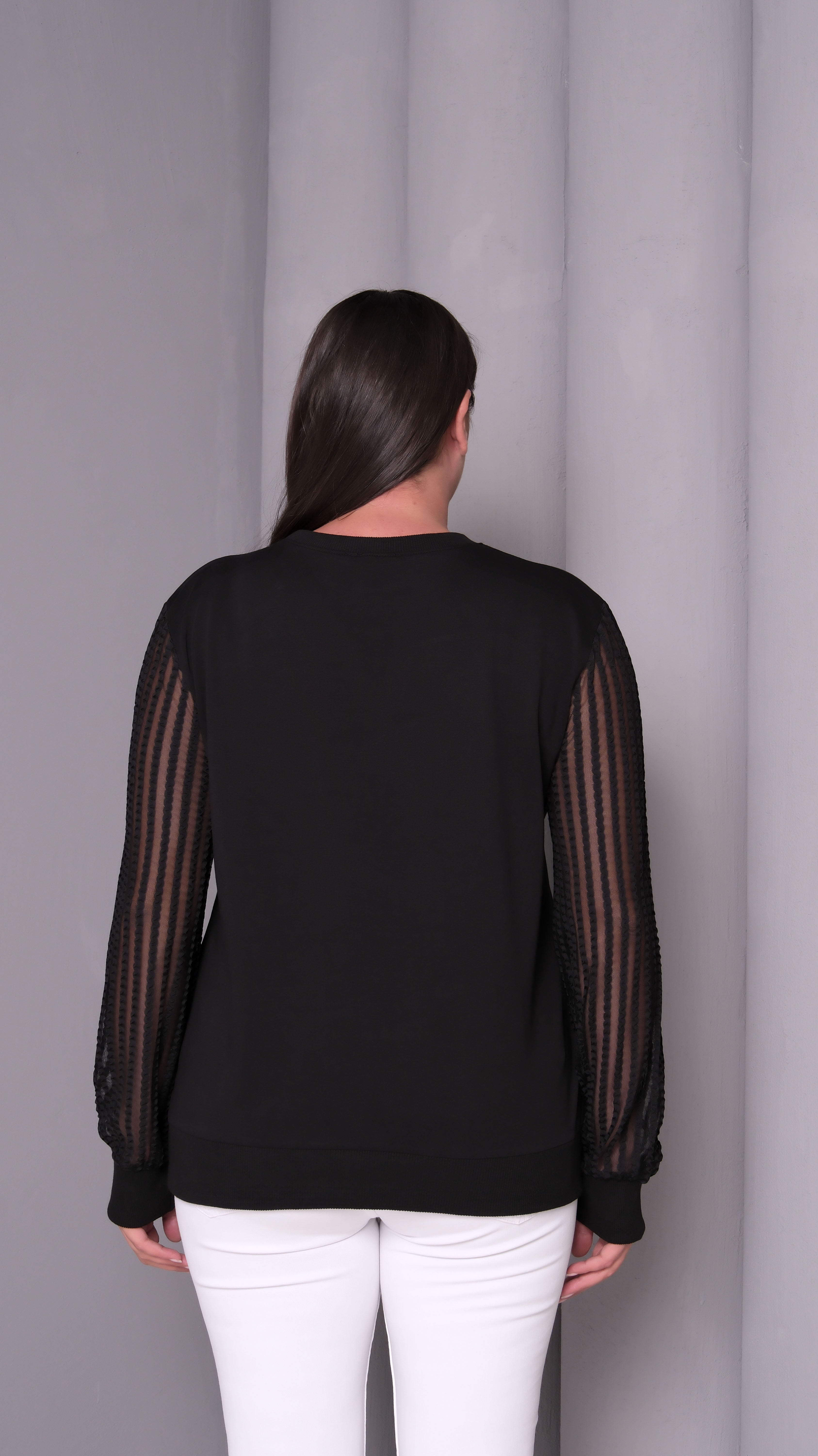 Şerit Nakışlı Transparan Kol Sweatshirt