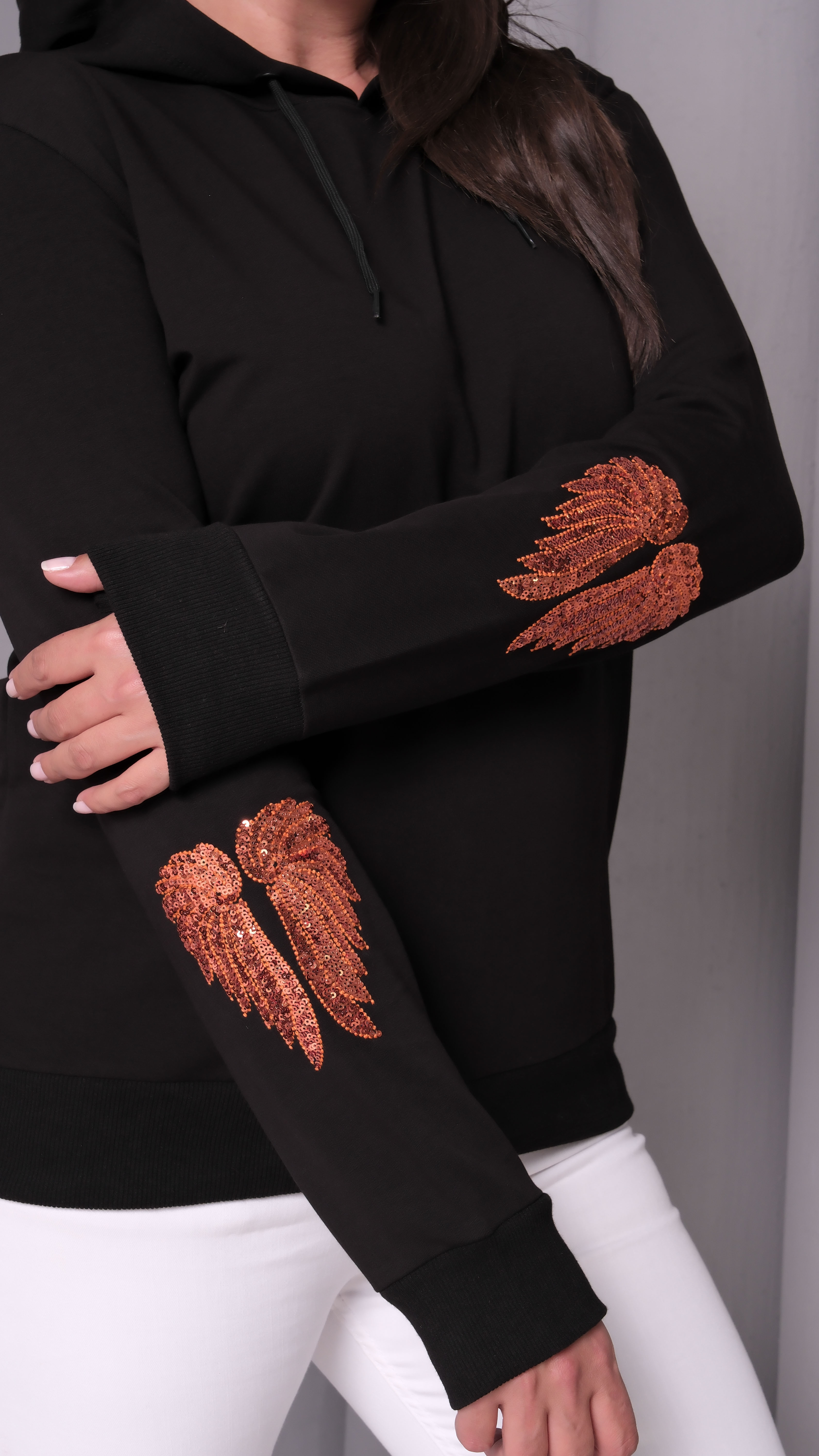 Kanat Nakışlı Kapuşonlu Sweatshirt