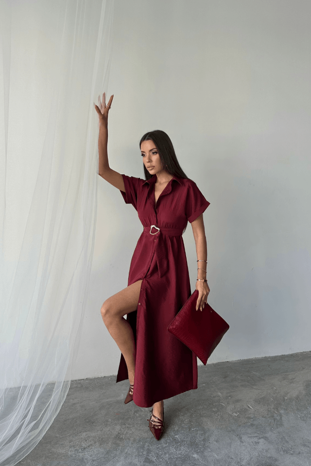 ÖNDEN DÜĞMELİ CRUSHLI MODAL ELBİSE - Bordo
