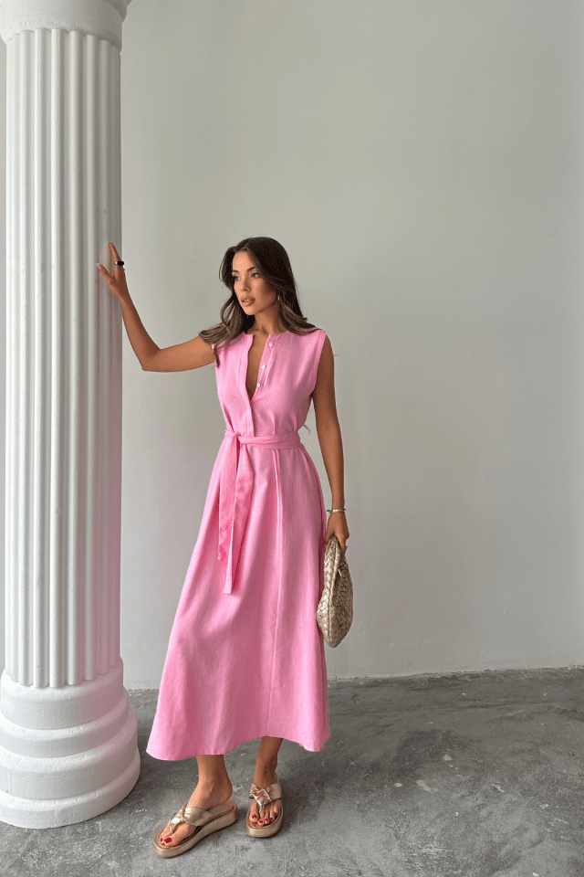 KETEN ELBİSE KOLSUZ BEL BAĞLAMALI MAXİ ELBİSE - Pembe