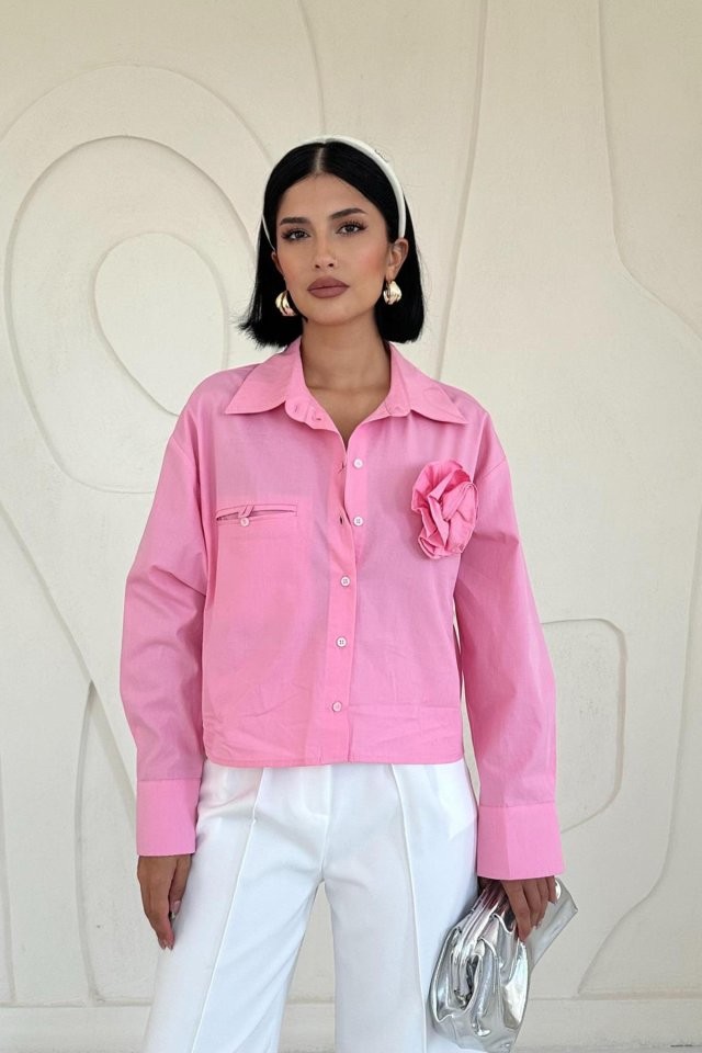 Pembe Fleto Cepli Poplin Gömlek