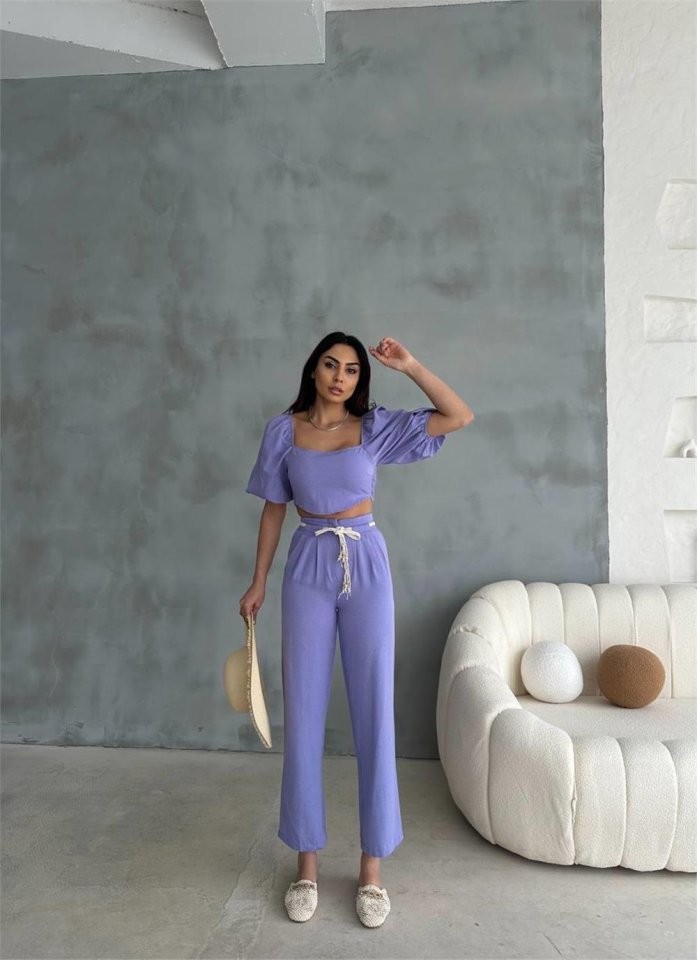 KETEN CROP KARPUZ KOL BLUZ-PANTOLON HASIR KEMERLİ - Mor