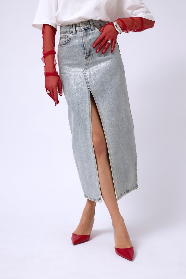 Varak Baskılı Yırtmaçlı Maxi Denim Etek