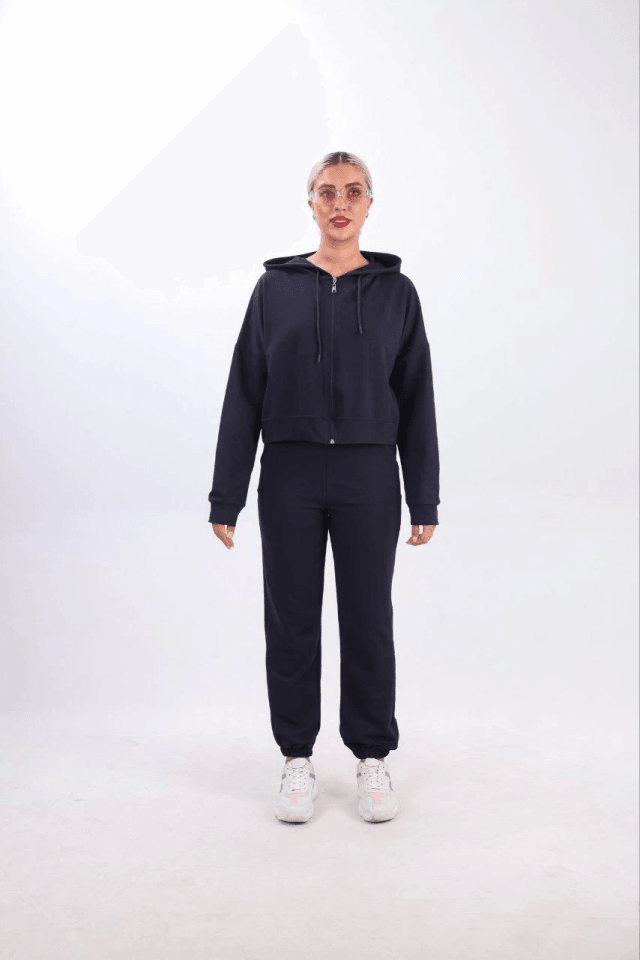 Iki Iplik Kapüşonlu Fermuarlı Crop Oversize Hırka Takım- Lacivert