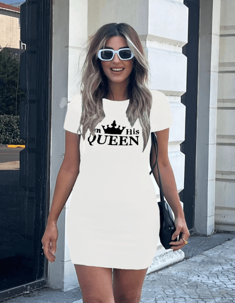 Kadın Kısa Kollu Queen Baskı Iki Iplik Mini Elbise