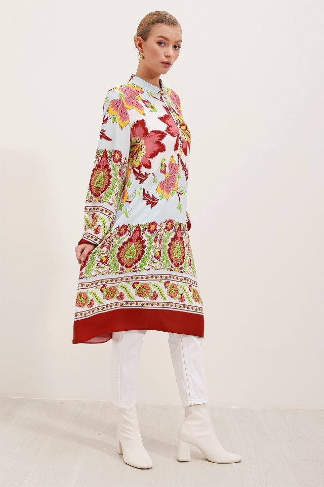 5903 Desenli Viskon Elbise - Bordo