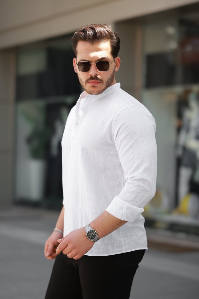 Erkek Hakim Yaka Yarım Düğmeli Keten Gömlek