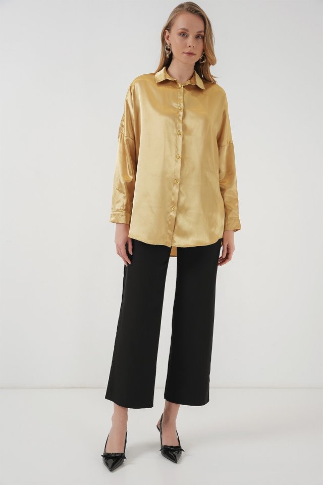 3985 Oversize Saten Gömlek - Altın Sarısı