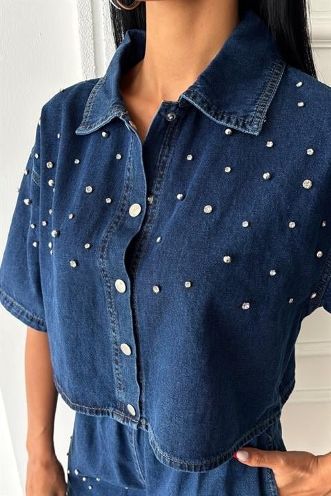 Taş Detaylı Gömlek Şort Denim Takım 10175