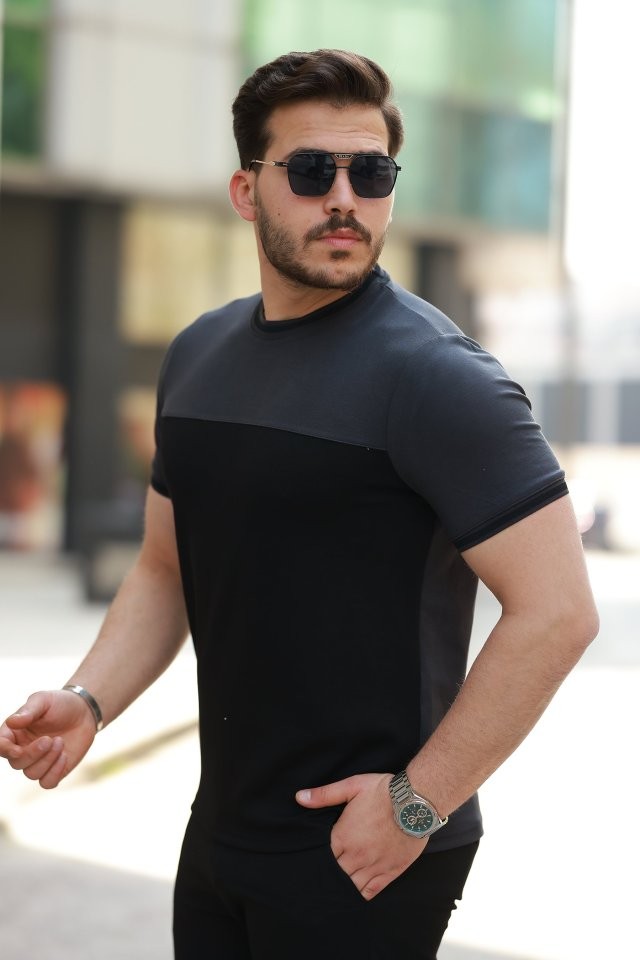 Erkek Bisiklet Yaka Parçalı Renk  Kısa Kollu Tshirt