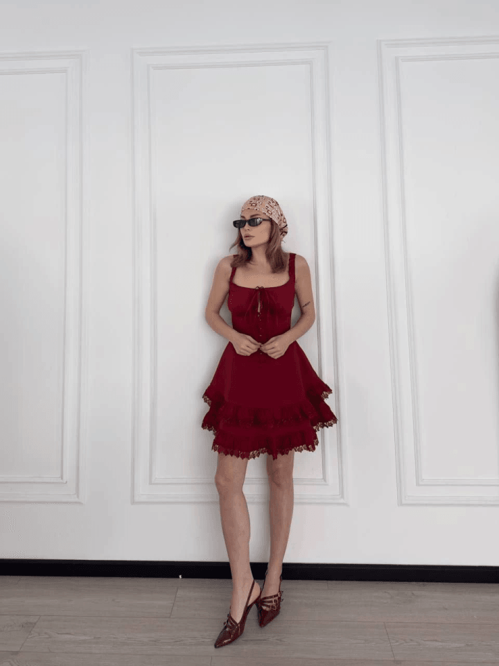 Fırfırlı Askılı Mini Elbise - Bordo