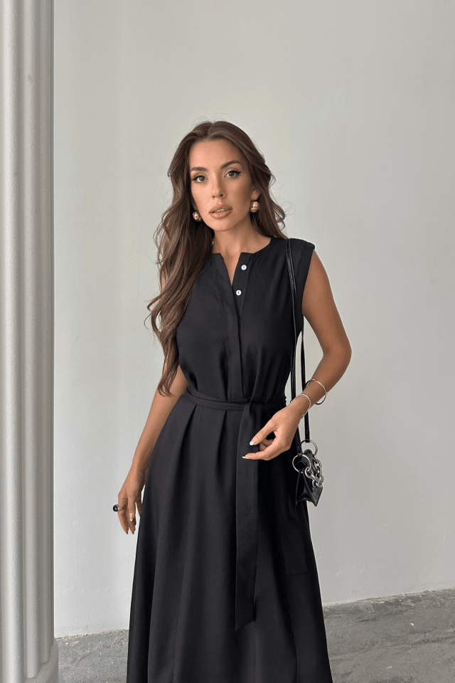 KETEN ELBİSE KOLSUZ BEL BAĞLAMALI MAXİ ELBİSE - Siyah